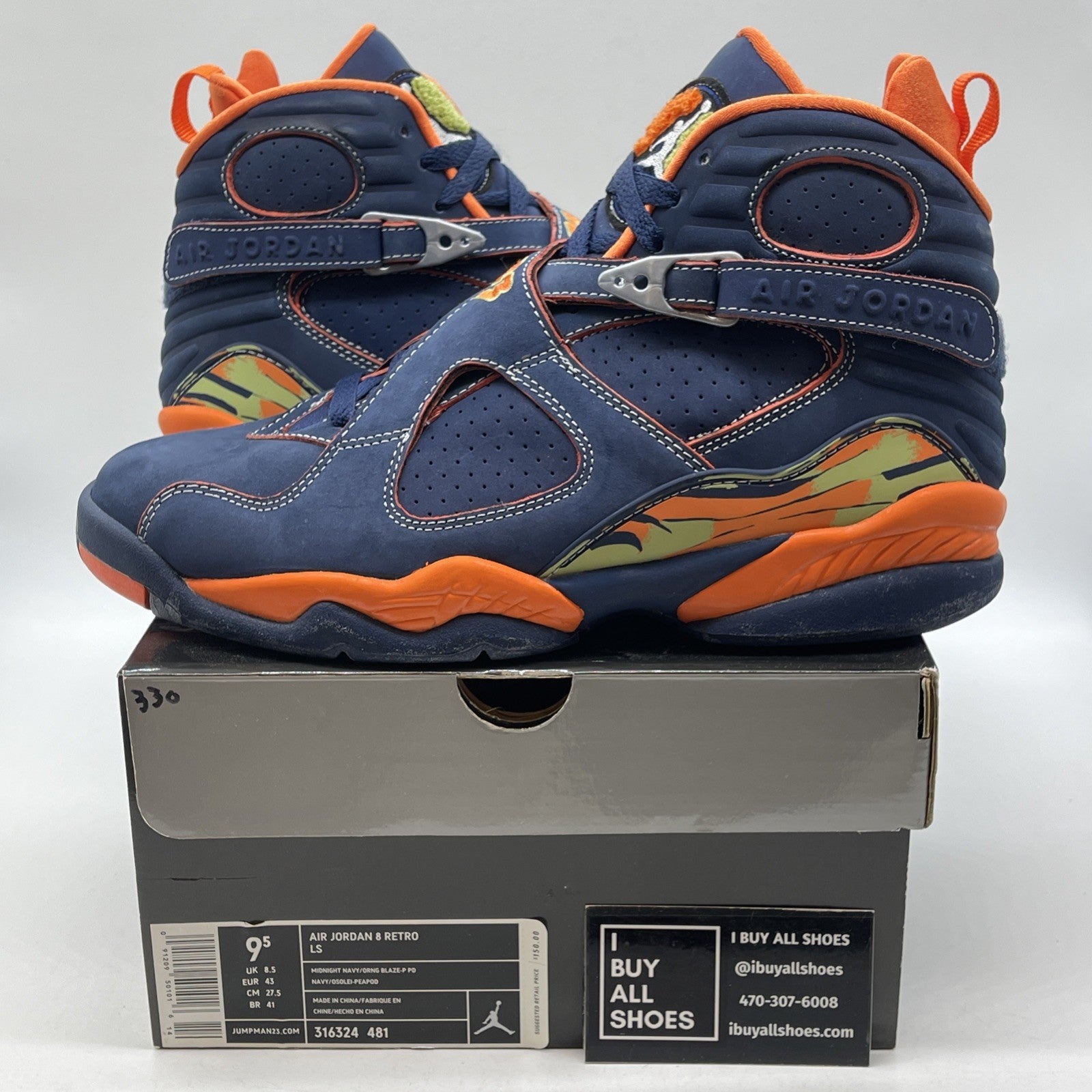 Size 9.5 - Air Jordan 8 Retro LS Pea Pods Blue Orange Suede (316324-481)