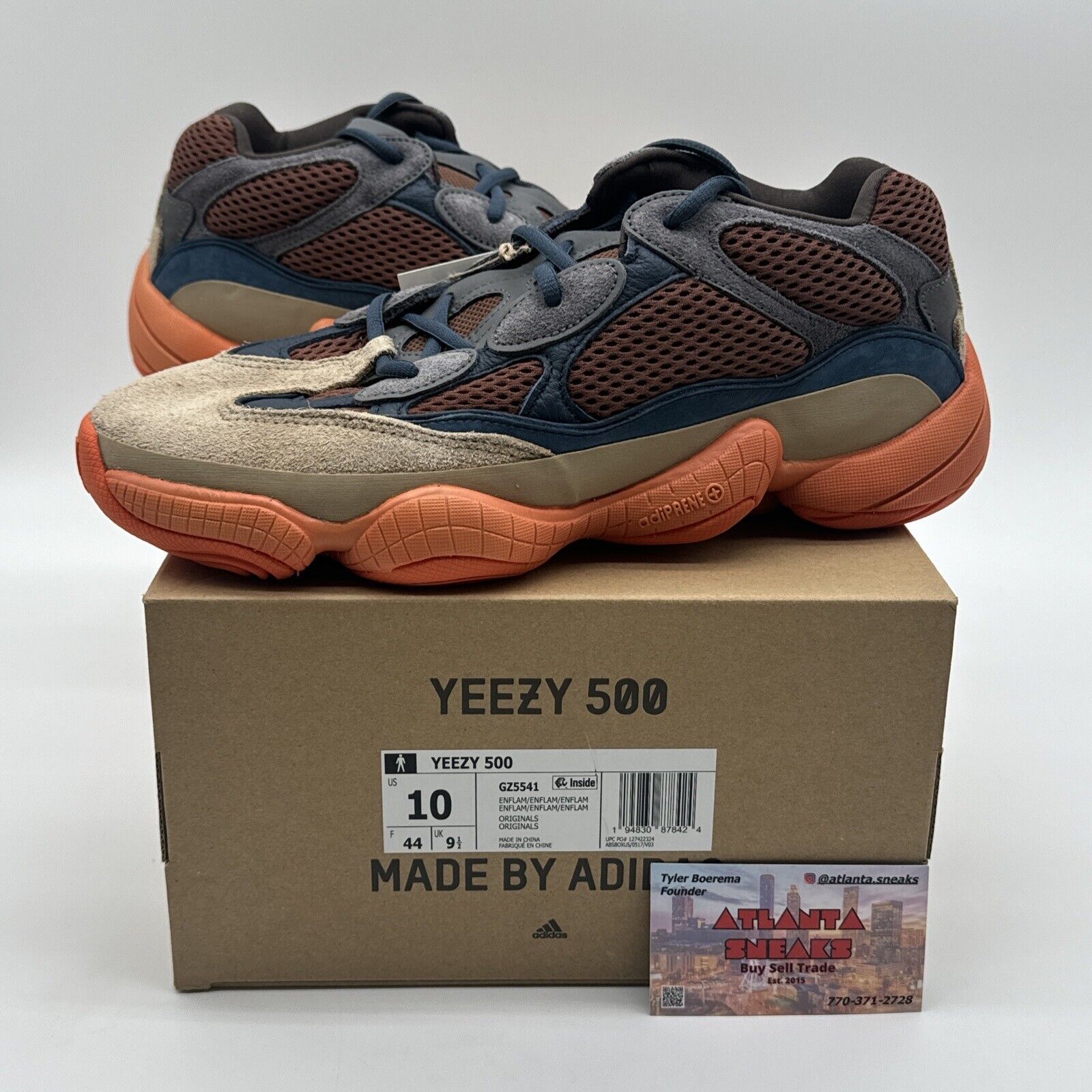 Size 10 - adidas Yeezy 500 Enflame Orange Sole Brown Sides Blue Mesh Navy Leathr