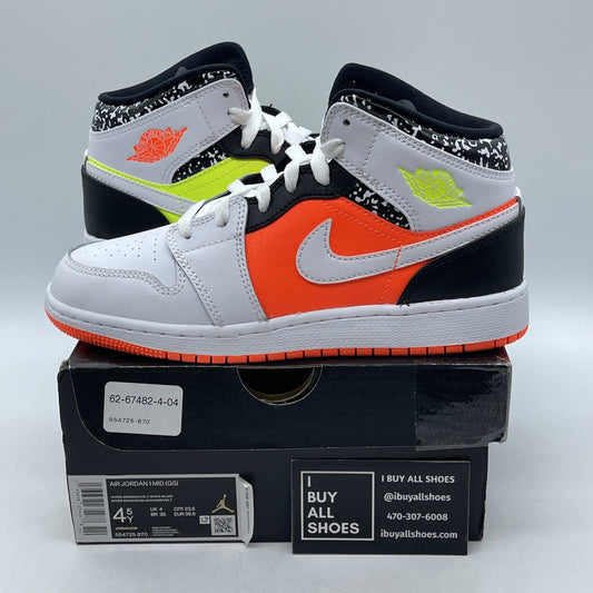 Size 4.5Y (GS) - Jordan 1 Mid Notebook White Orange Black Leather (554725-870)
