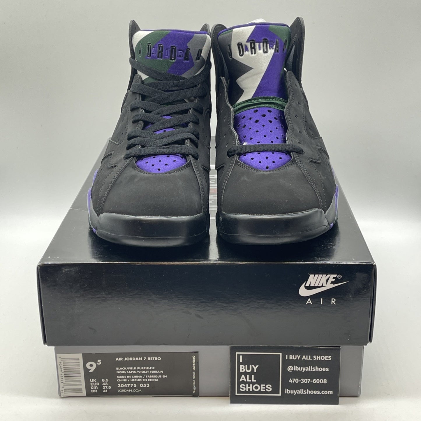 Size 9.5 - Air Jordan 7 Retro PE Ray Allen Black Purple Green Suede (304775-053)