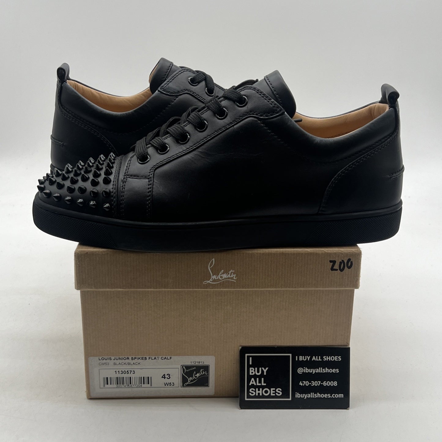 Size 43 -Christian Louboutin Black Leather Louis Junior Spikes Low Top Sneakers