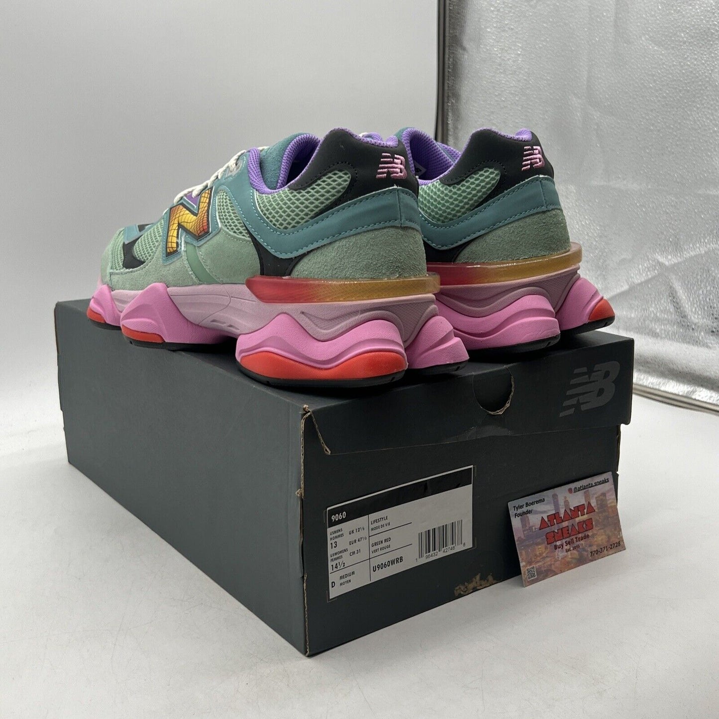 Size 13 - New Balance 9060 Warped Green Pink Suede Red Yellow (U9060WRB)