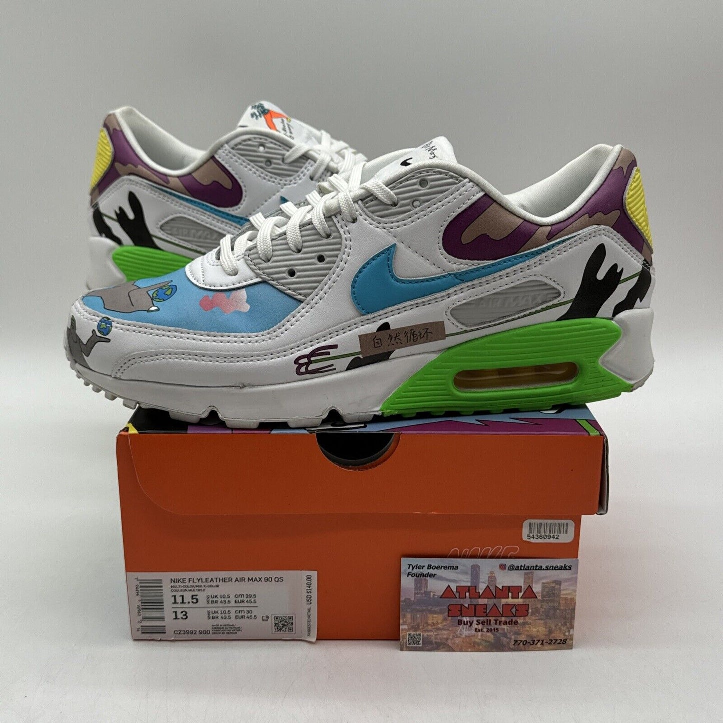 Size 11.5 - Nike Air Max 90 Flyleather x Ruohan Wang Multicolor 2020 Green Paint