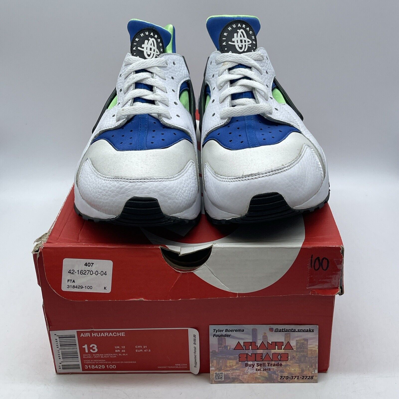 Size 13 - Nike Air Huarache Scream Green Blue White Black (318429-100)