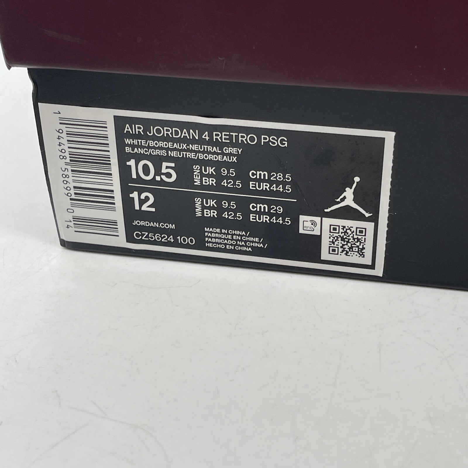 Size 10.5 - Jordan 4 Retro x Paris Saint-Germain Bordeaux White (CZ5624-100)