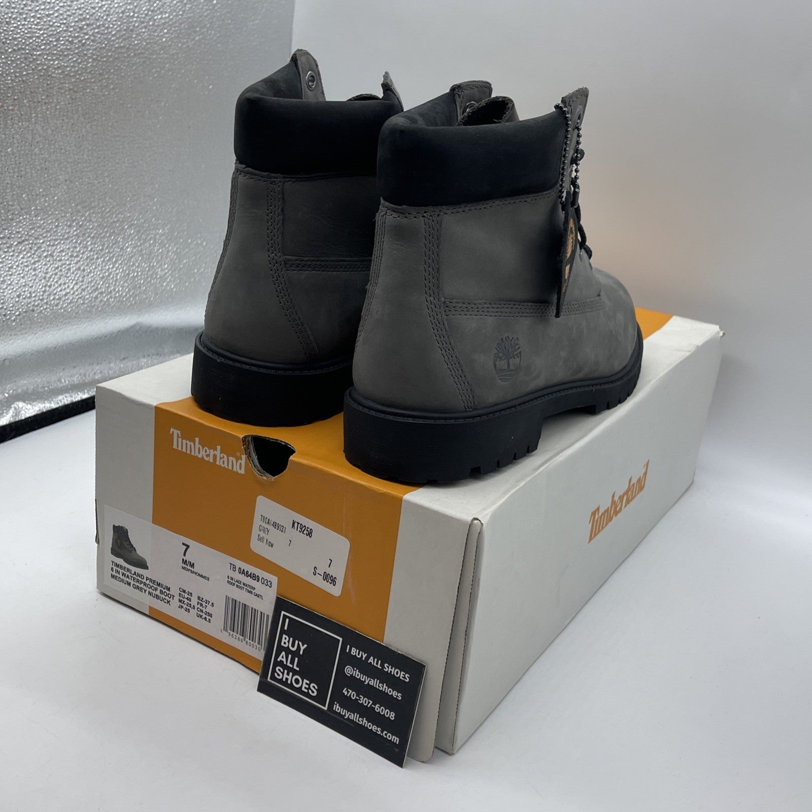 Size 7 - Timberland Med. Gray Nubuck Premium 6" Waterproof Boots (0A64B9-033)
