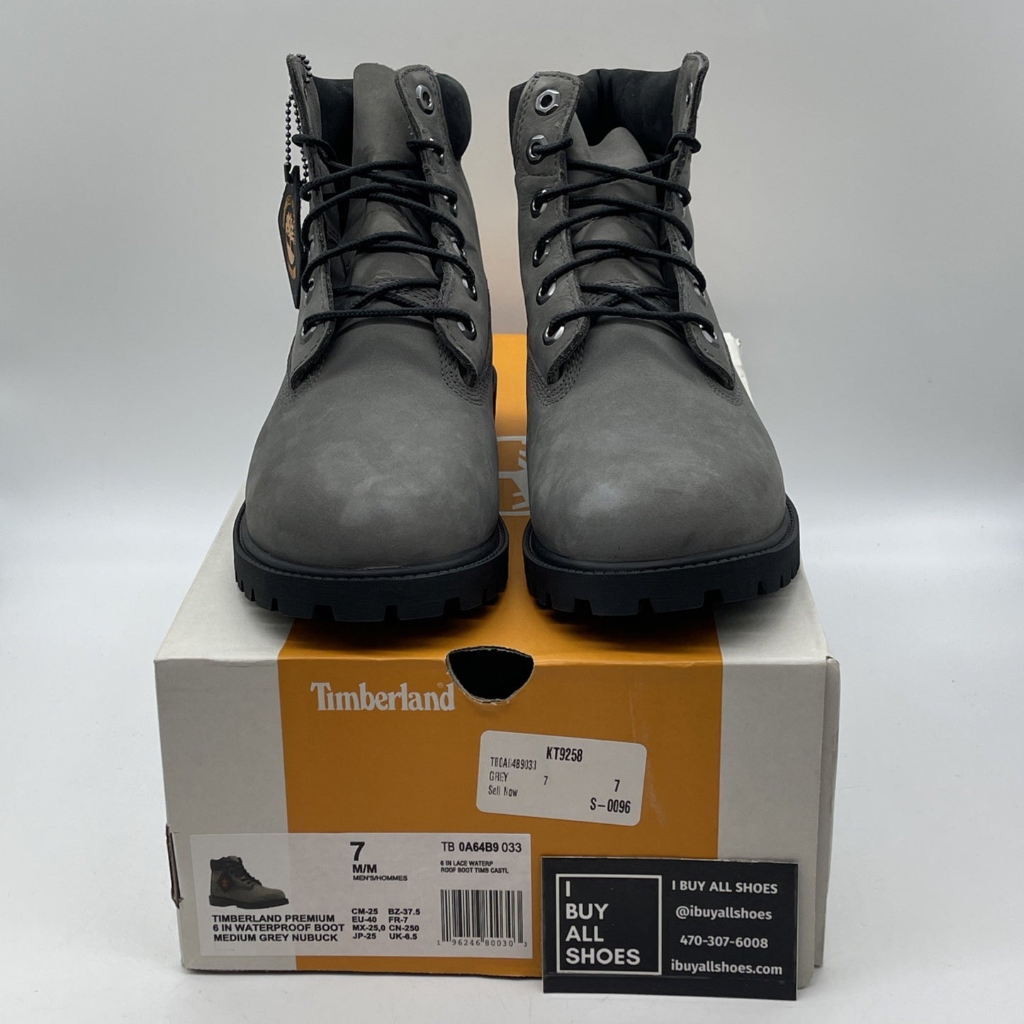 Size 7 - Timberland Med. Gray Nubuck Premium 6" Waterproof Boots (0A64B9-033)