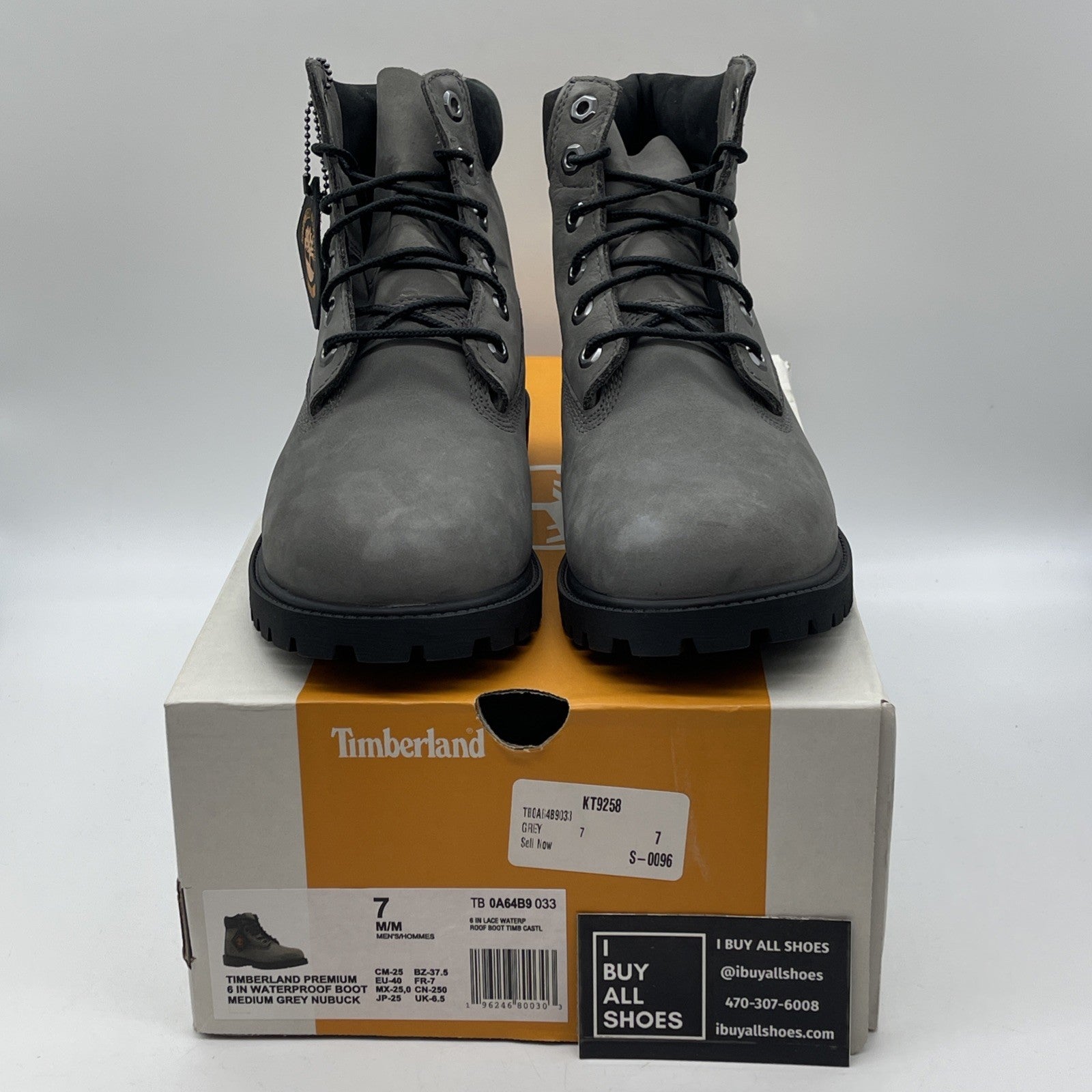 Size 7 - Timberland Med. Gray Nubuck Premium 6" Waterproof Boots (0A64B9-033)