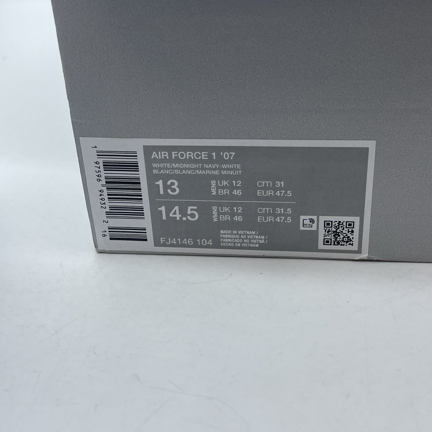 Size 13 -Nike Air Force 1 '07 Low White Midnight Navy Leather (FJ4146-104)
