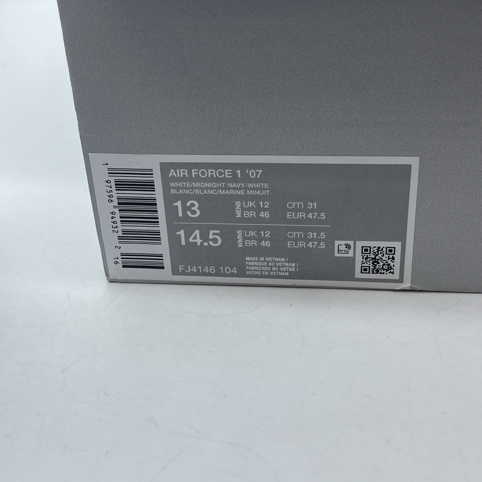 Size 13 -Nike Air Force 1 '07 Low White Midnight Navy Leather (FJ4146-104)