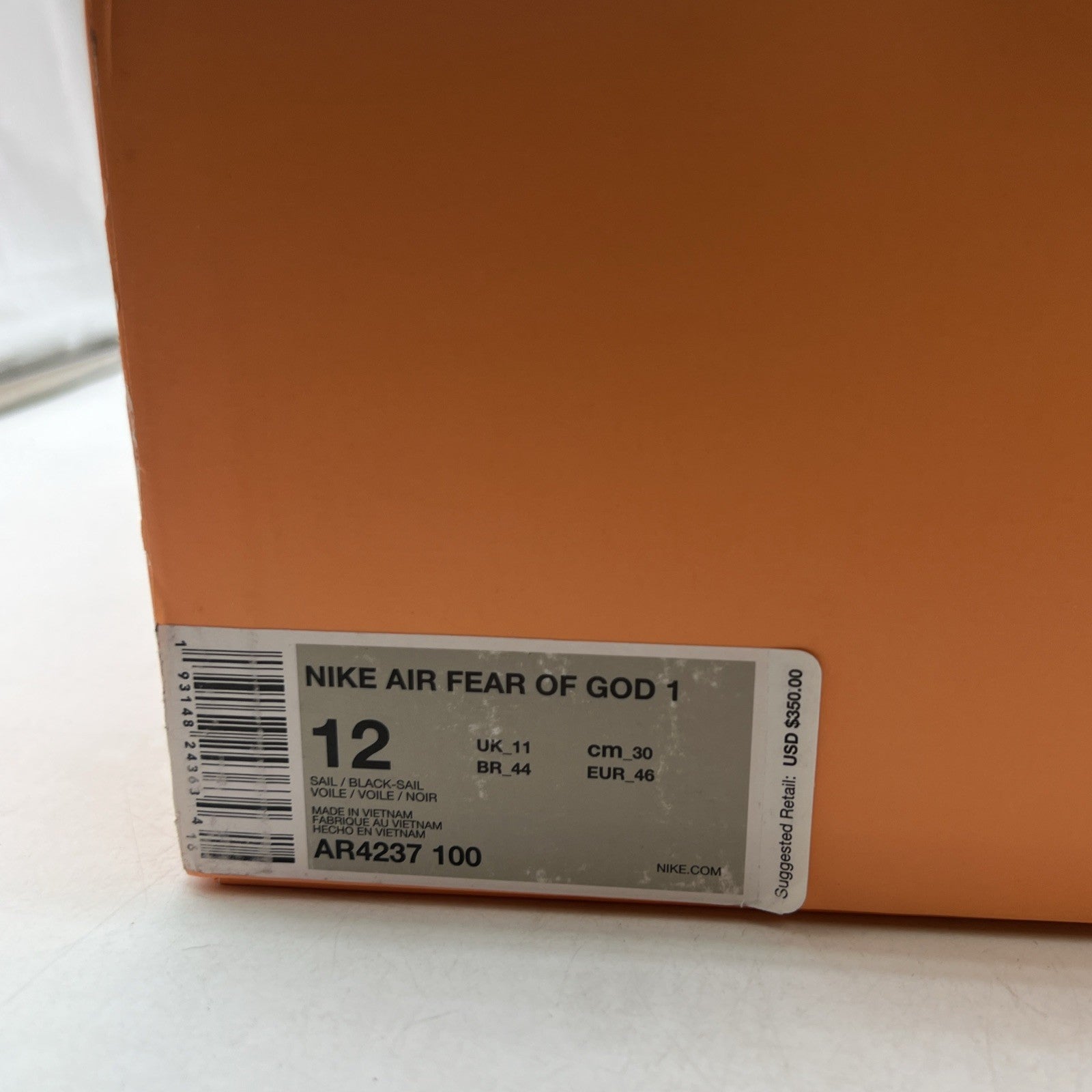 Size 12 - Nike Air Fear Of God 1 Sail (AR4237-100)