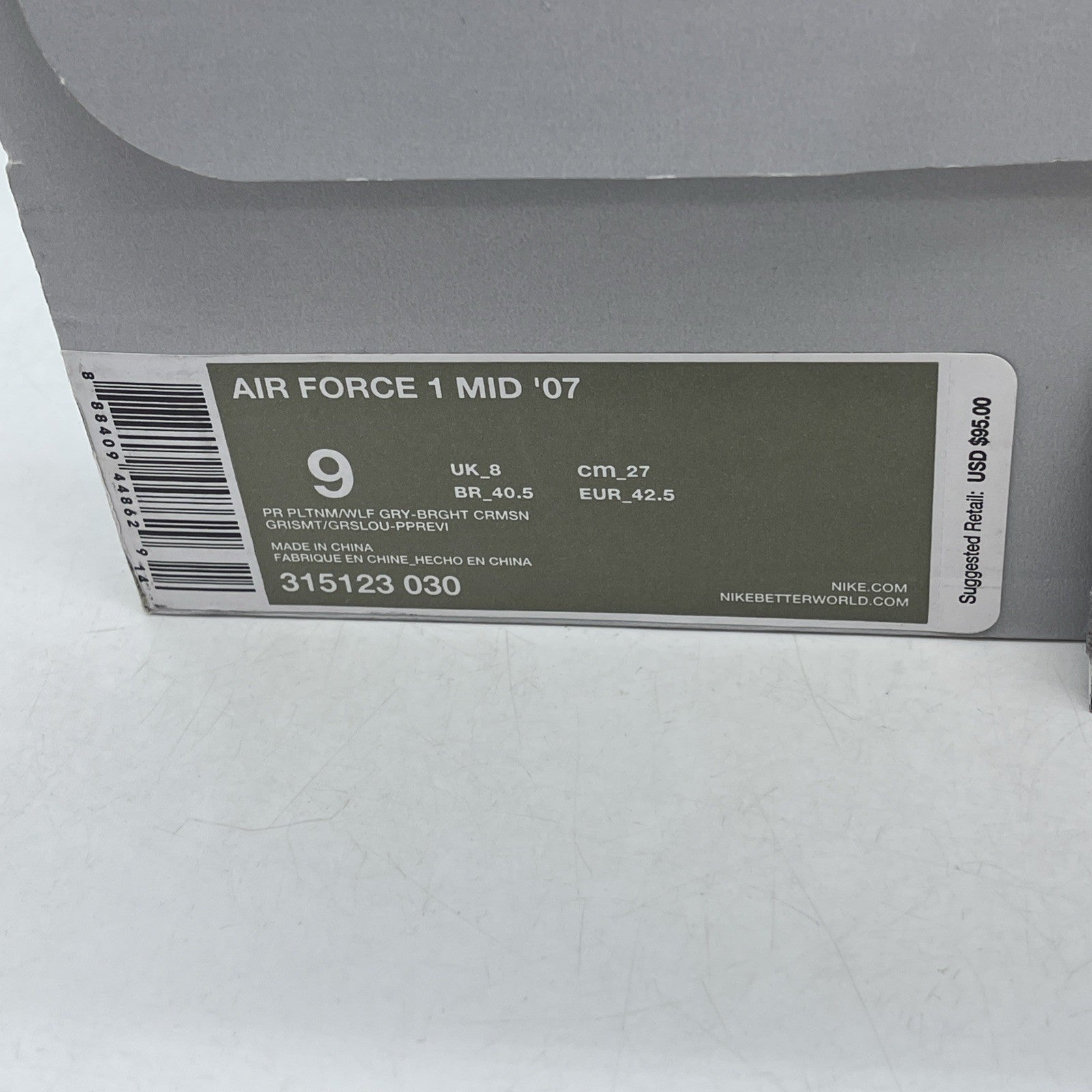 Size 9 - Nike Air Force 1 '07 Mid Pure Platinum Crimson (315123-030)
