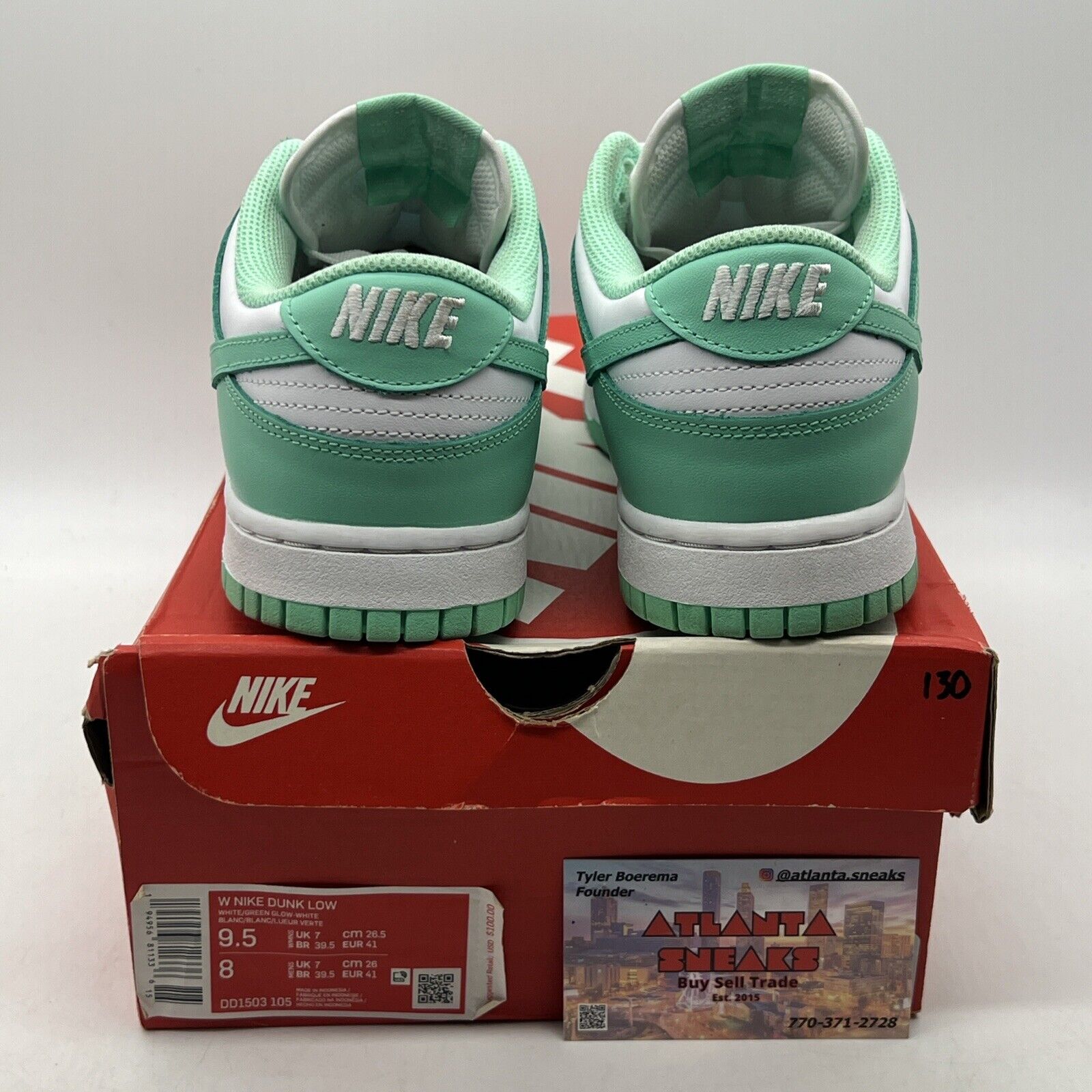 Size 9.5 - Nike Dunk Low Green Glow W White Leather Aqua