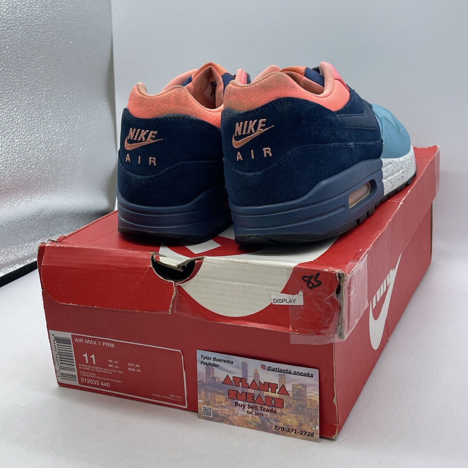 Size 11 - Nike Air Max 1 Prm Gamma Blue Atomic Pink Suede White (512033-440)