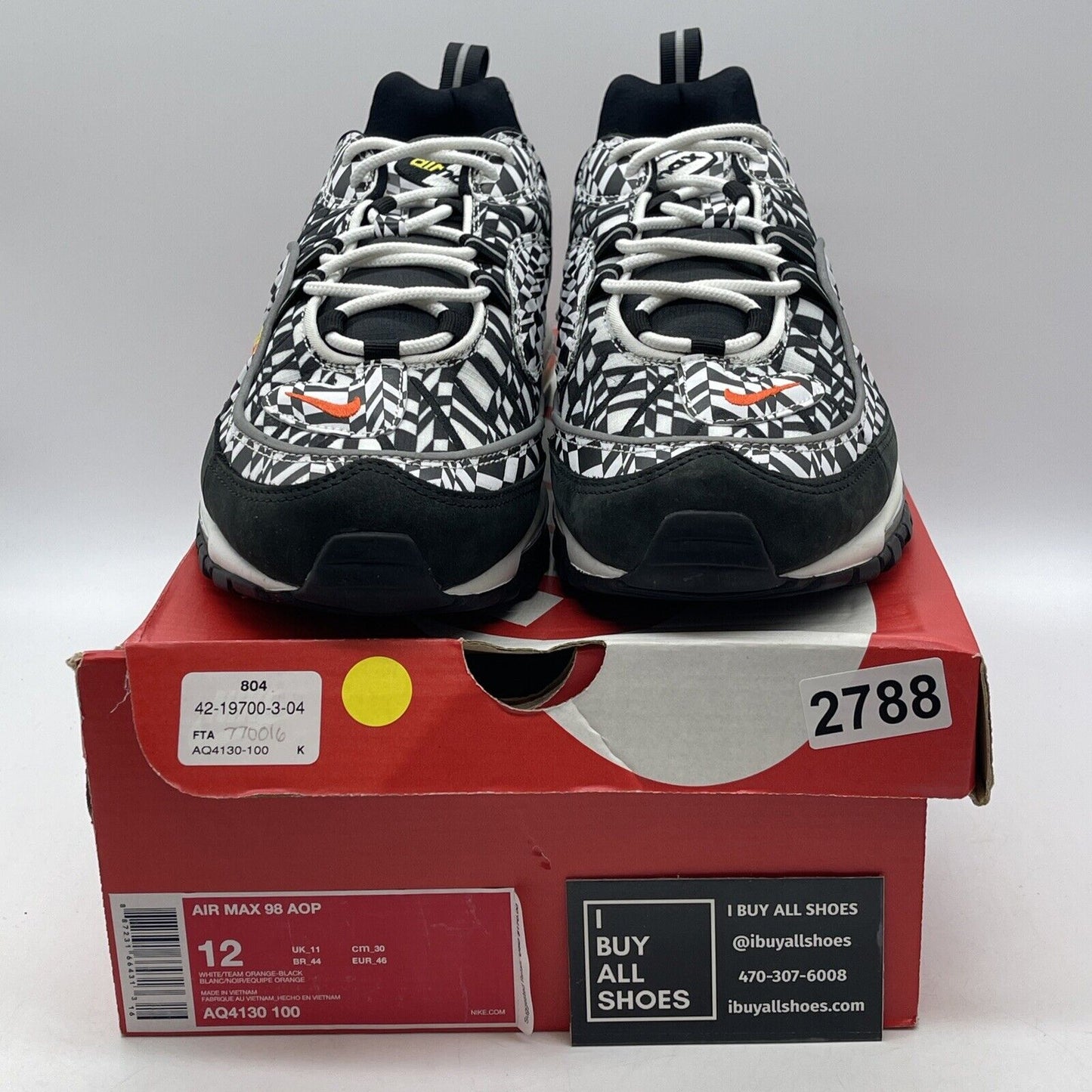 Size 12 - Nike Air Max 98 All Over Print Black White Suede Leather (AQ4130-100(