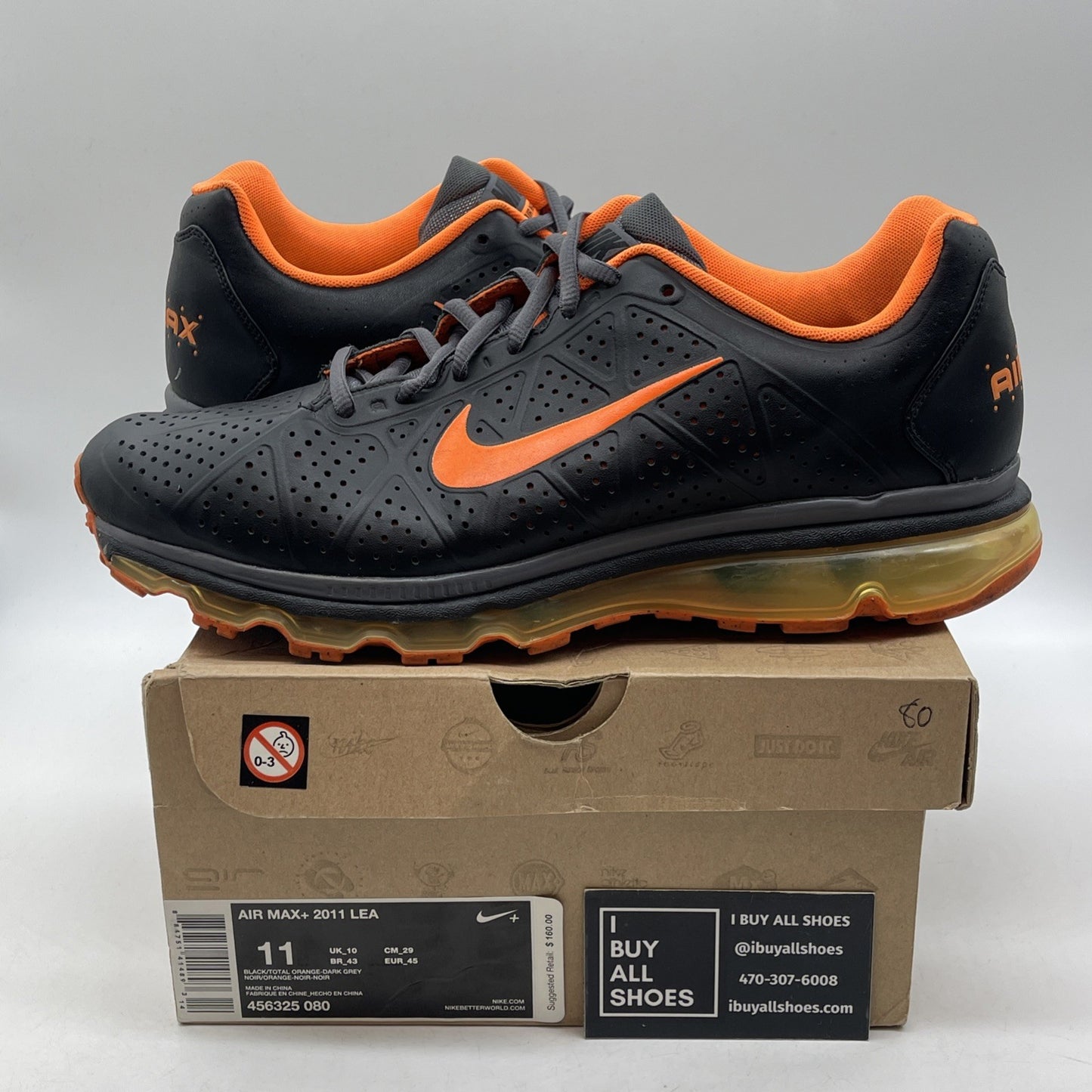 Size 11 - Nike Air Max+ 2011 Lea Black Orange Leather (456325-080)
