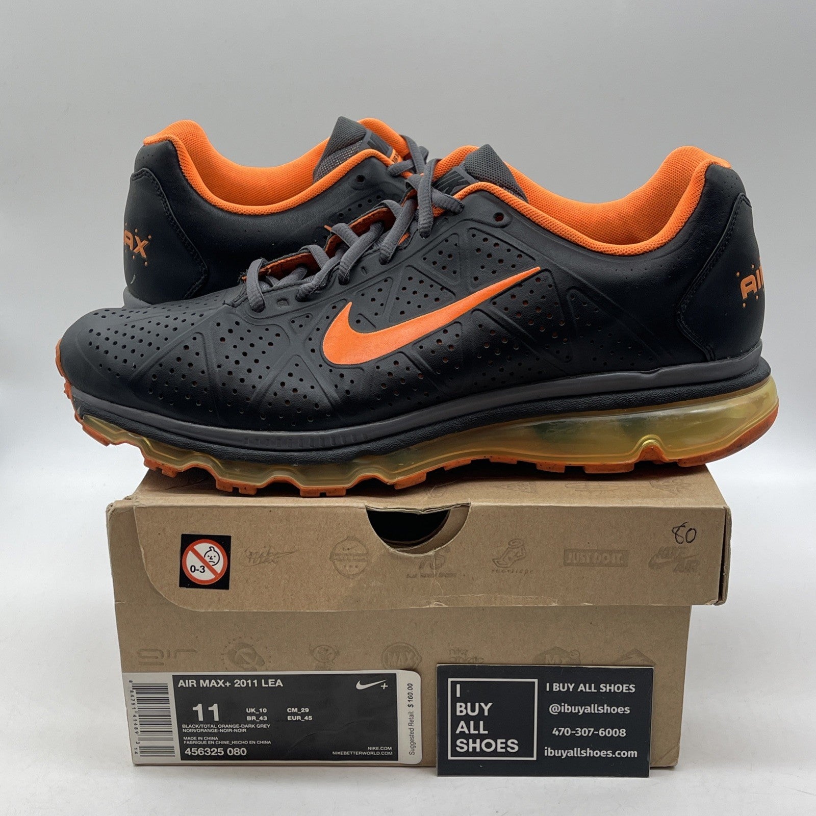 Size 11 - Nike Air Max+ 2011 Lea Black Orange Leather (456325-080)