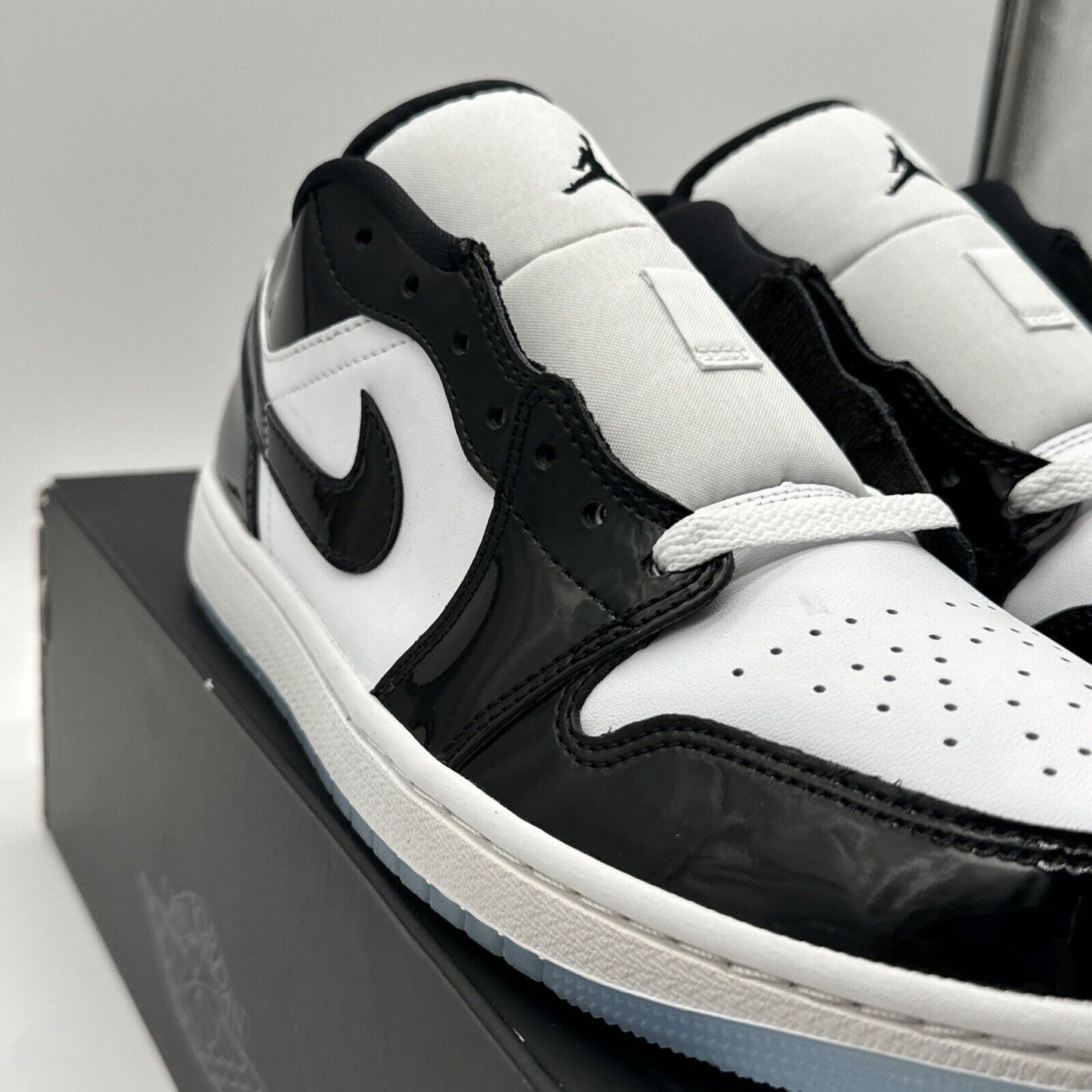 Size 9.5 - Jordan 1 Low SE Concord Black White Patent Leather Tuxedo Icy Soles