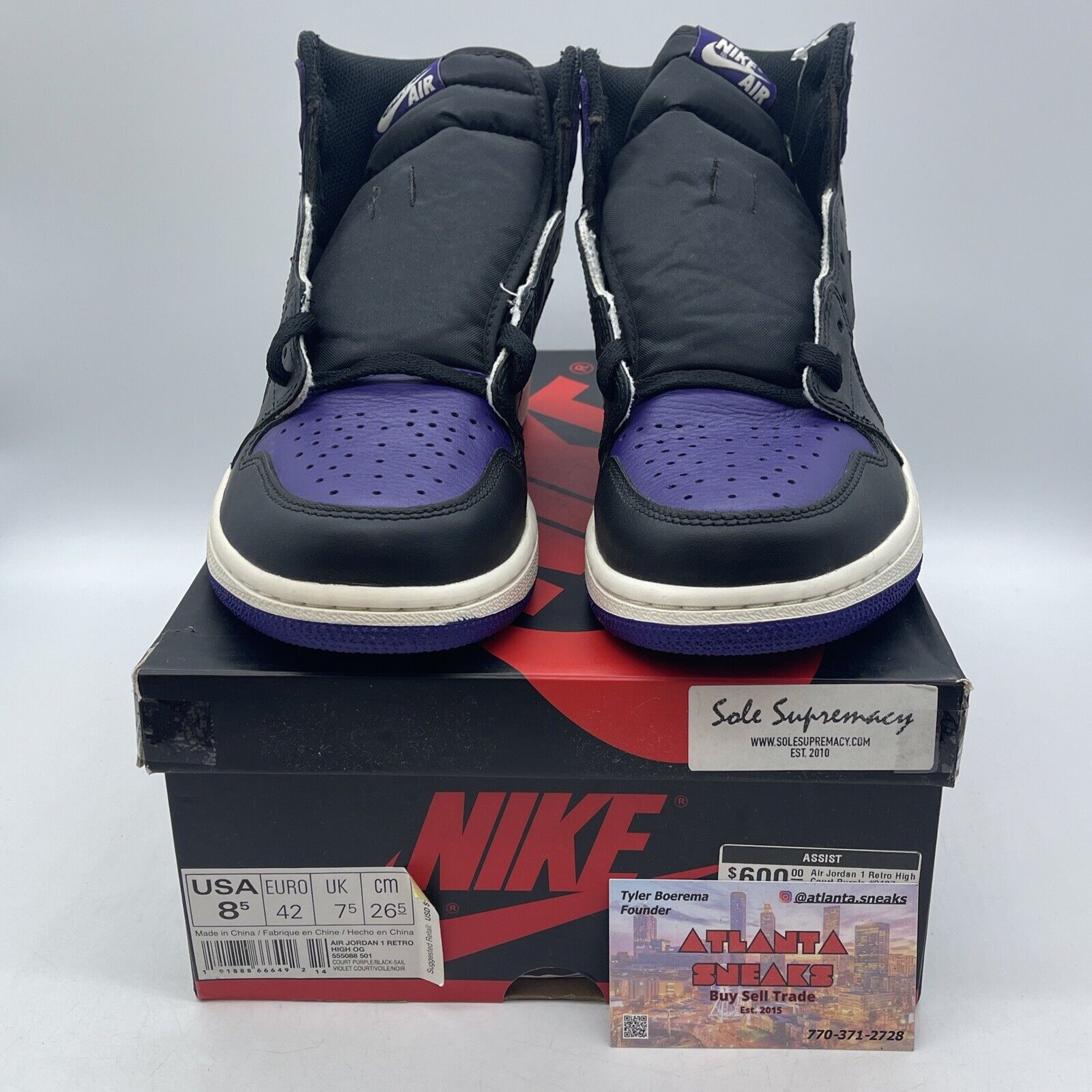 Size 8.5 - Air Jordan 1 Retro OG High Court Purple White Leather (555088-501)