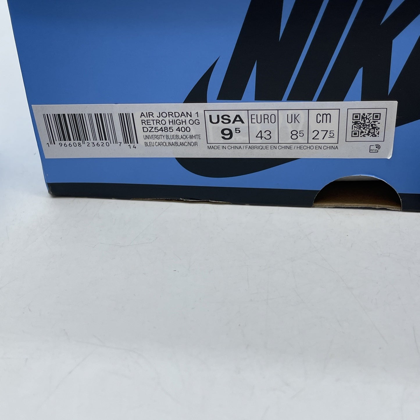 Size 9.5 - Jordan 1 Retro OG High UNC Toe Blue Black White Leather (DZ5485-400)