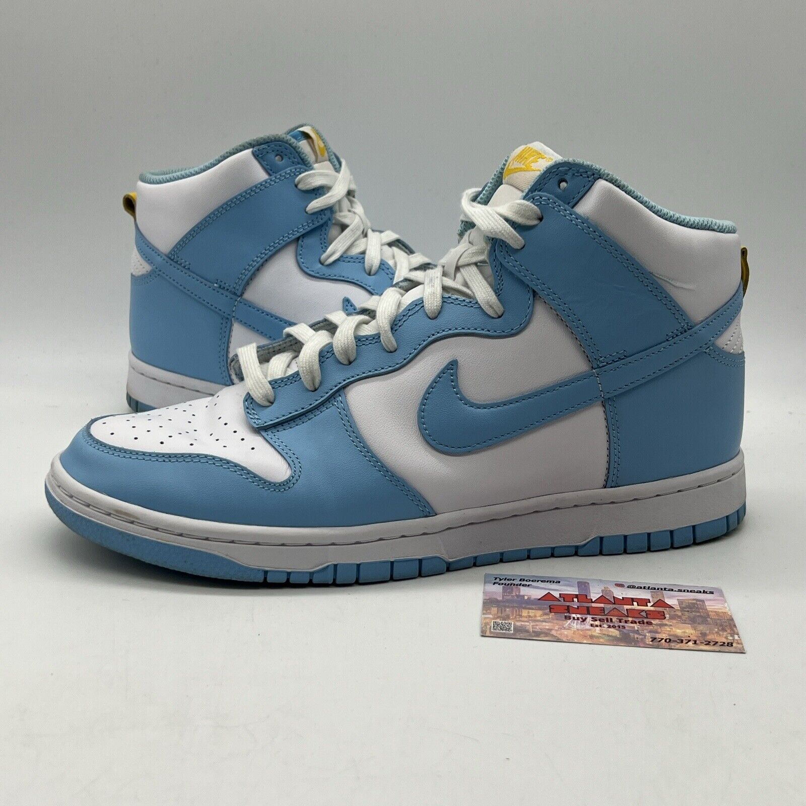 Size 9.5 - Nike Dunk High Blue Chill Leather Used Yellow White Powder Blue