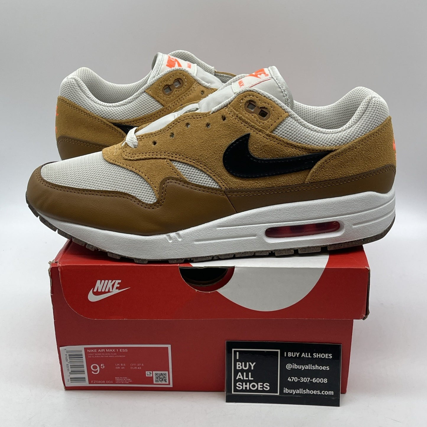 Size 9.5 - Nike Air Max 1 Essential Flax British Tan Suede Leather (FZ5808-004)