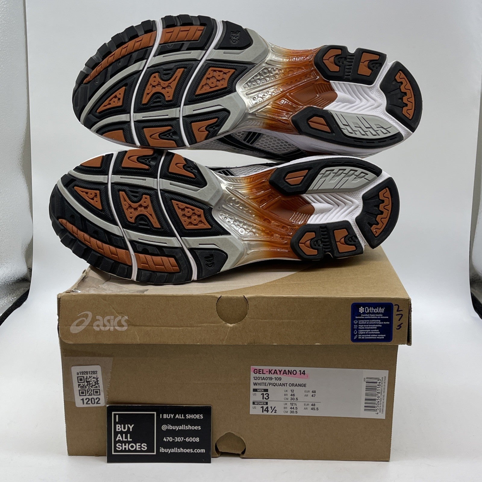 Size 13 - ASICS GEL-Kayano 14 White Piquant Orange (1201A019-109)