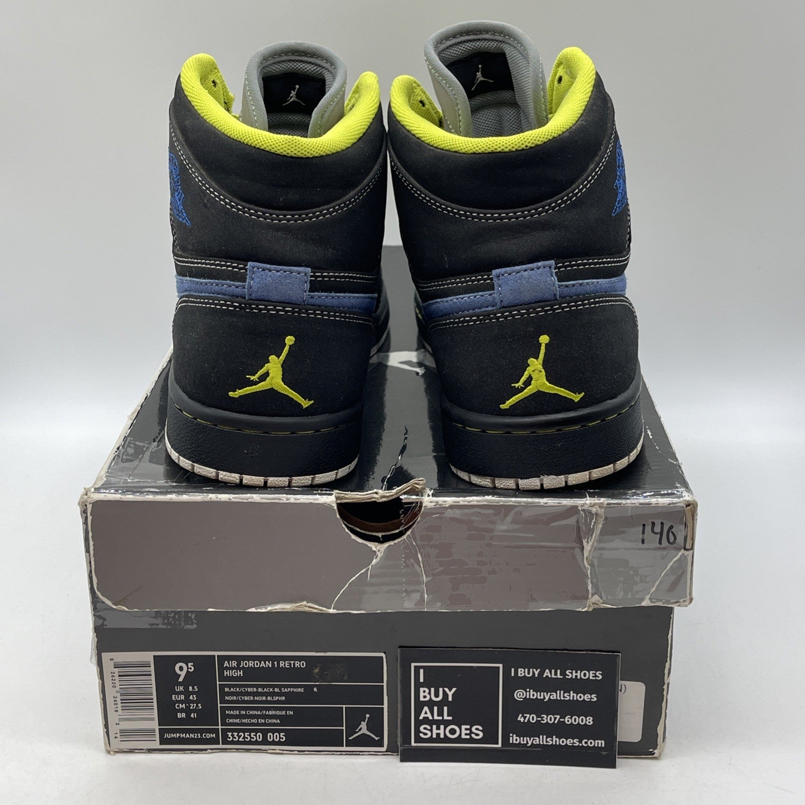 Size 9.5 - Air Jordan 1 Retro High Black Cyber Green Blue Suede (332550-005)