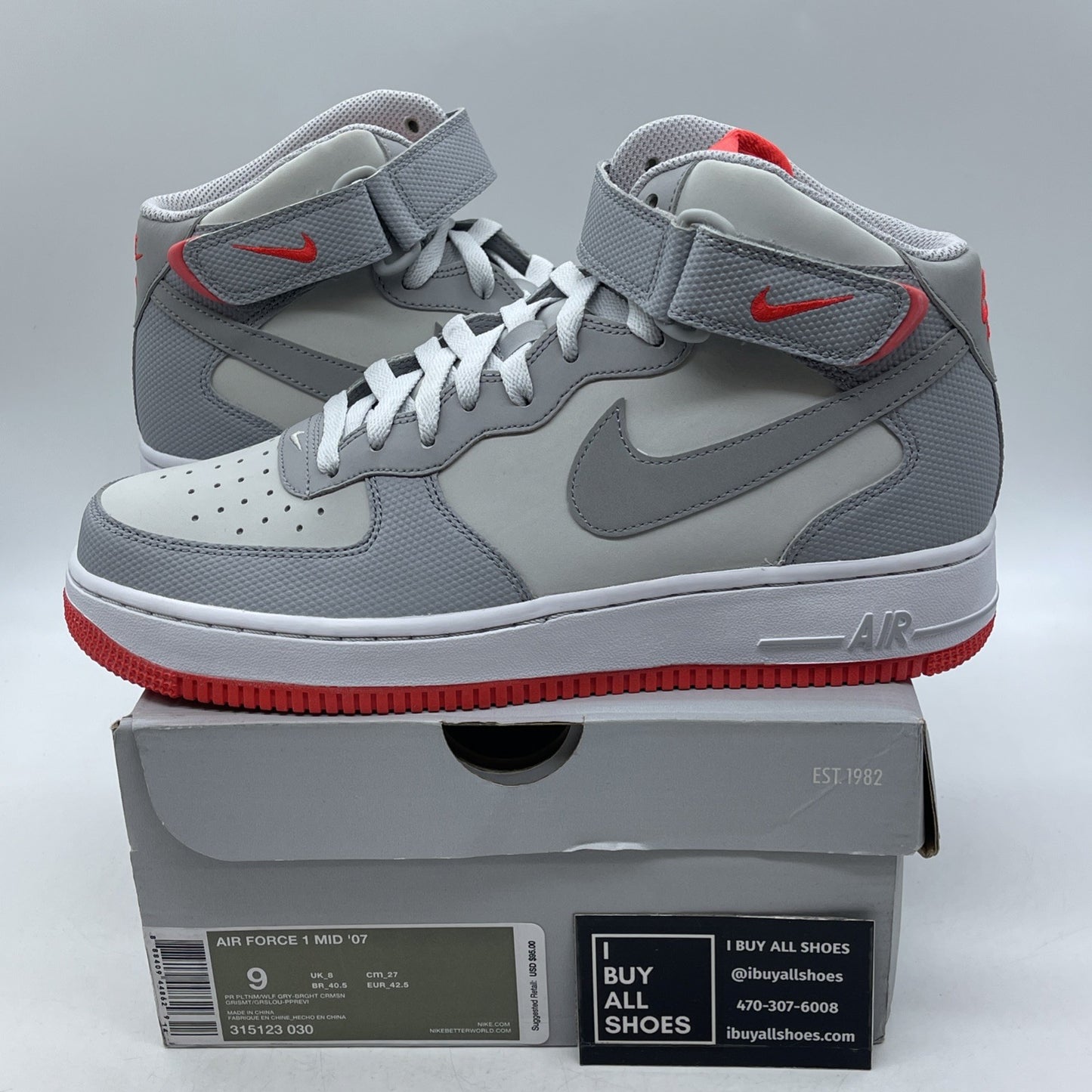 Size 9 - Nike Air Force 1 '07 Mid Pure Platinum Crimson (315123-030)