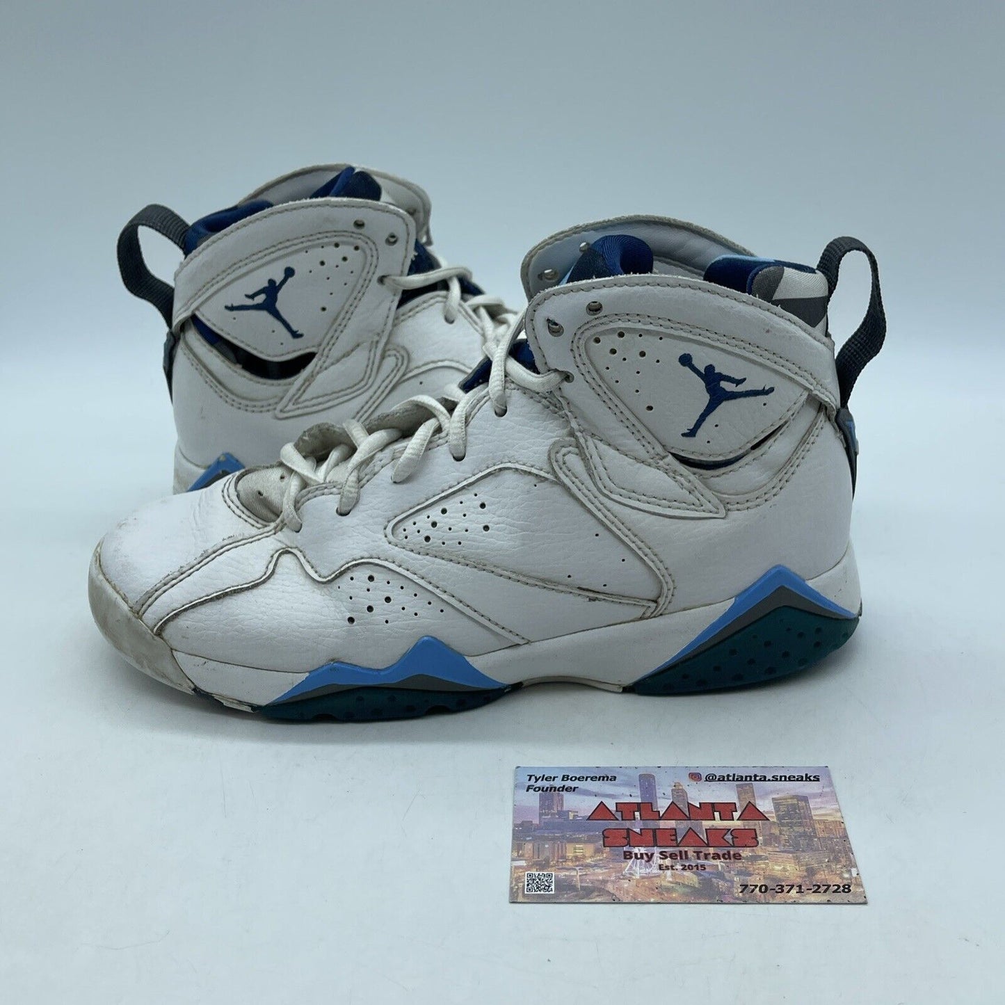 Size 4.5 (GS) - Jordan 7 Mid French Blue White Green Grey Leather (304774-107)