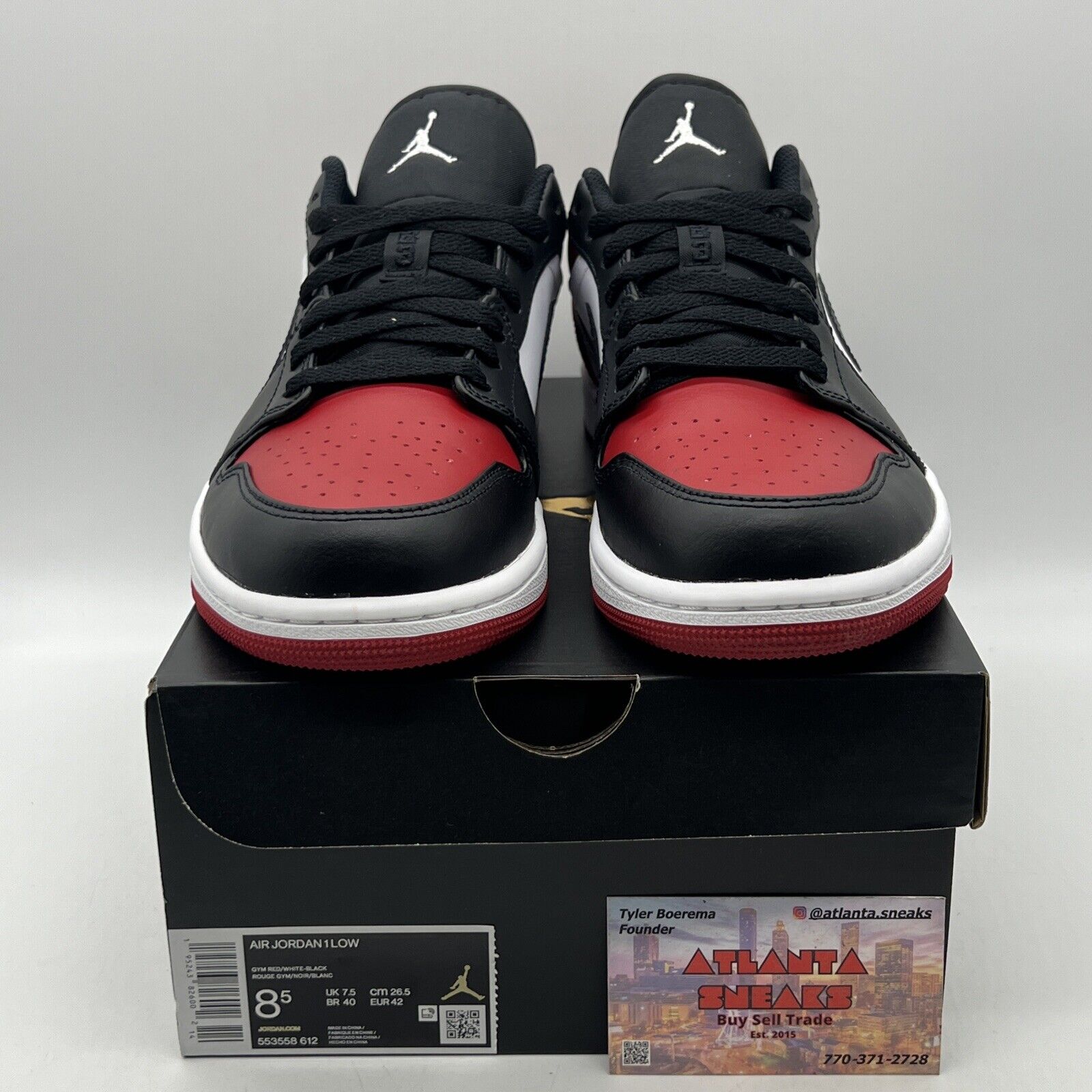 Size 8.5 - Jordan 1 Low Bred Toe Black White Red Leather (553558-612)