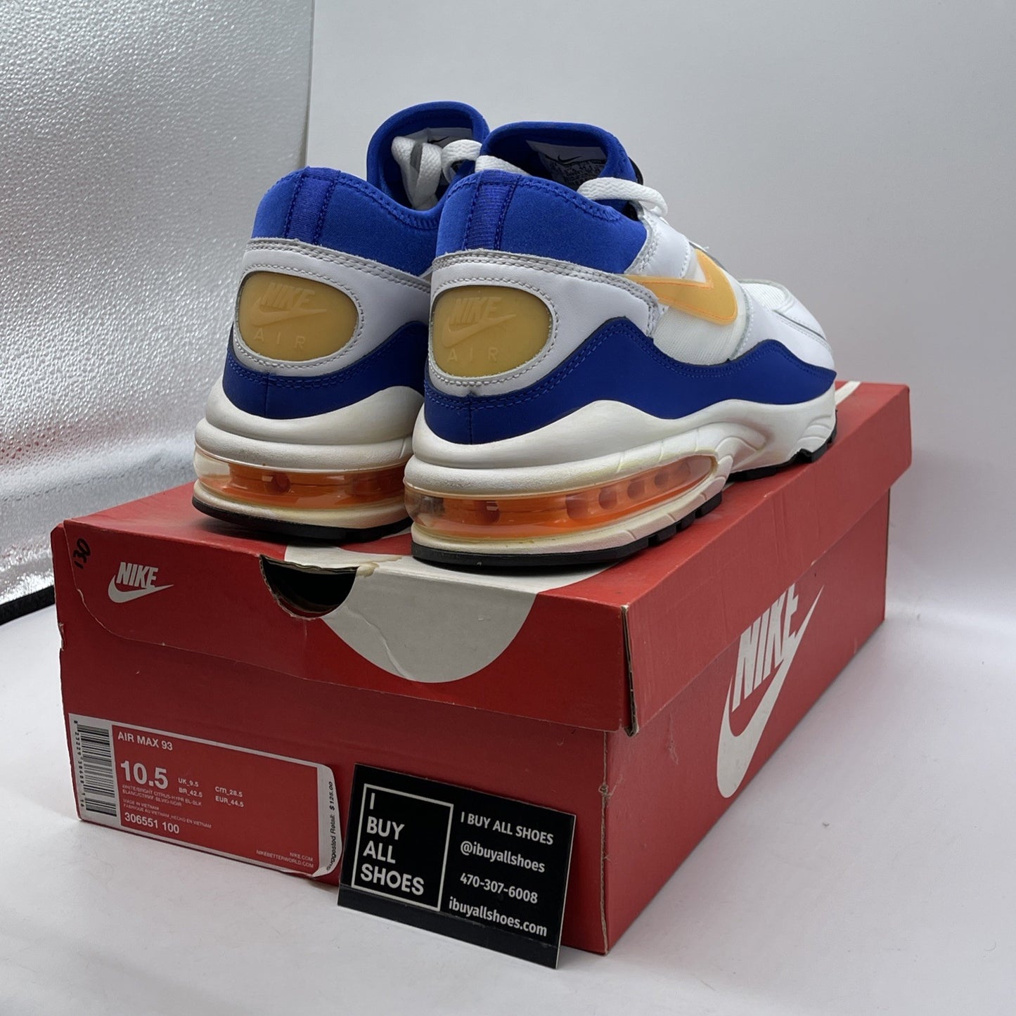 Size 10.5 - Nike Air Max 93 Bright Citrus White Blue Leather (306551-100)