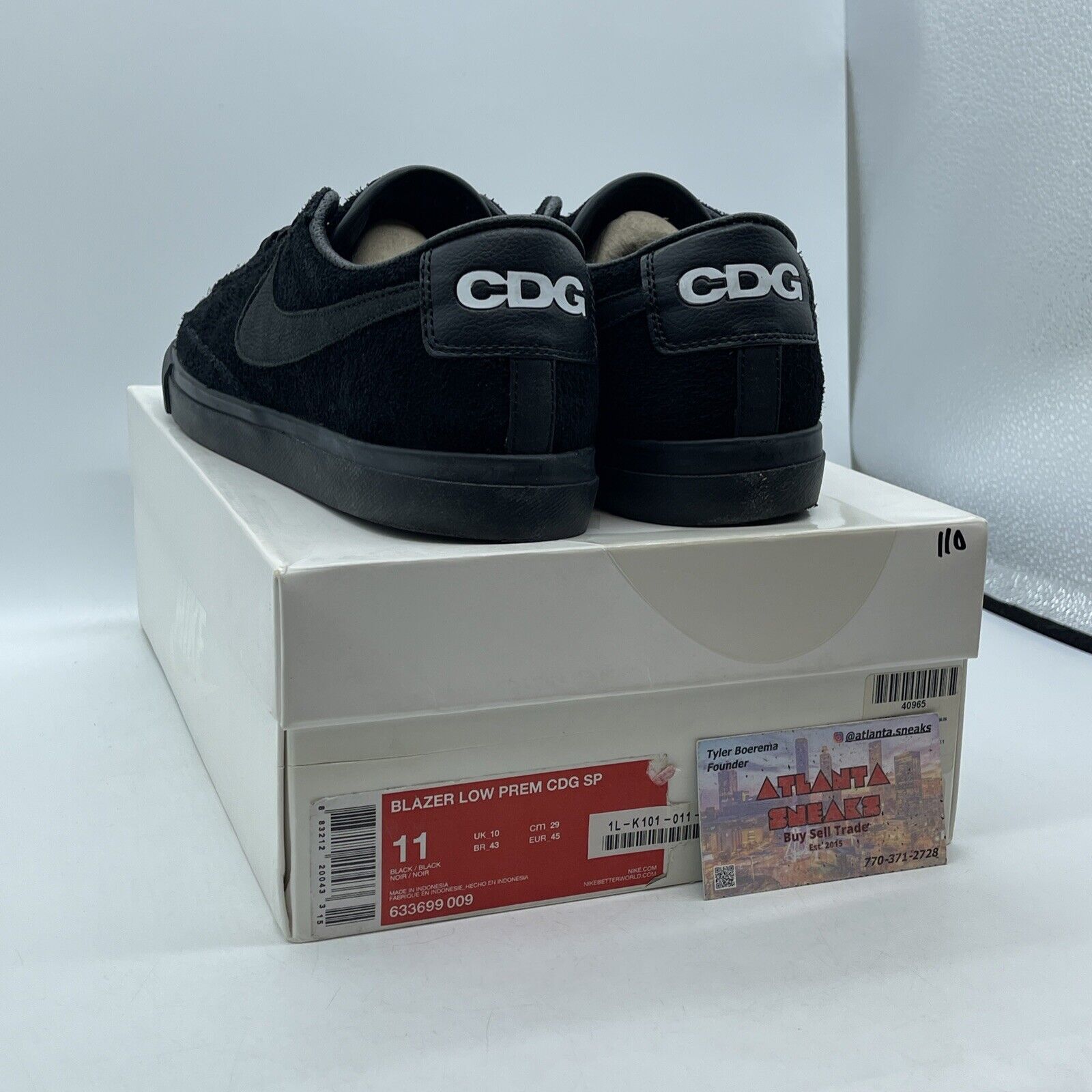 Size 11 - Nike Comme des Garçons x Blazer Premium SP Low Black Suede (633699-009