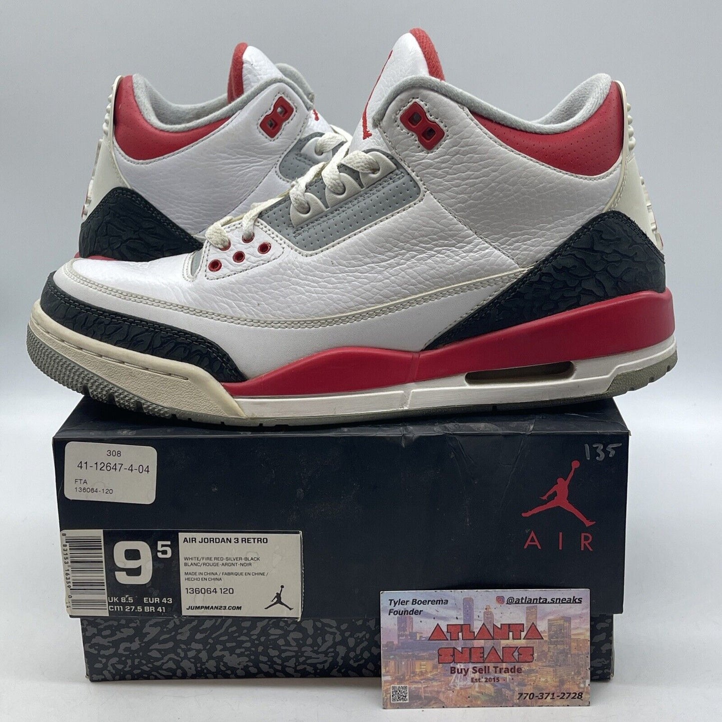 Size 9.5 - Air Jordan 3 Retro Fire Red White Leather Grey Suede (136064-120)