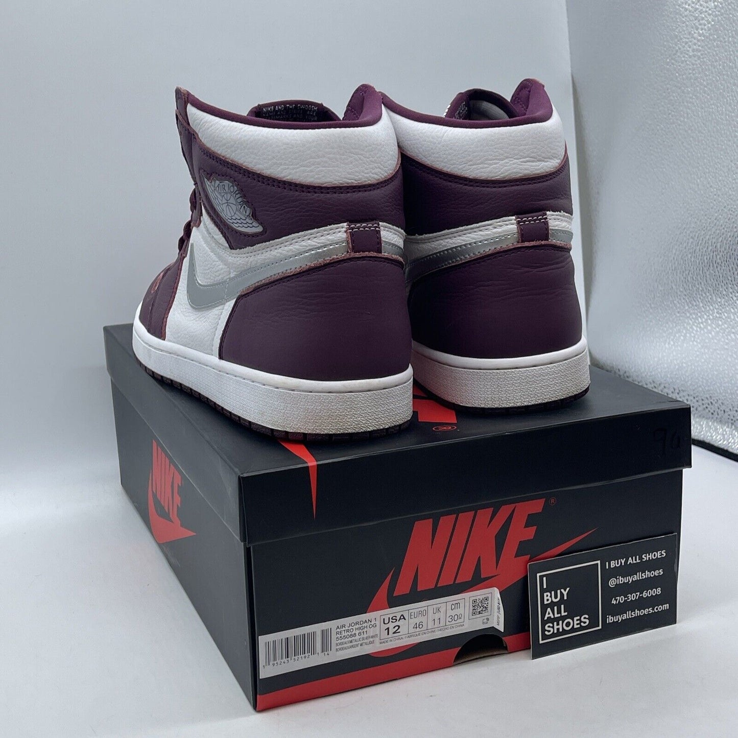 Size 12 - Jordan 1 Retro High OG Bordeaux Burgundy White Leather (555088-611)