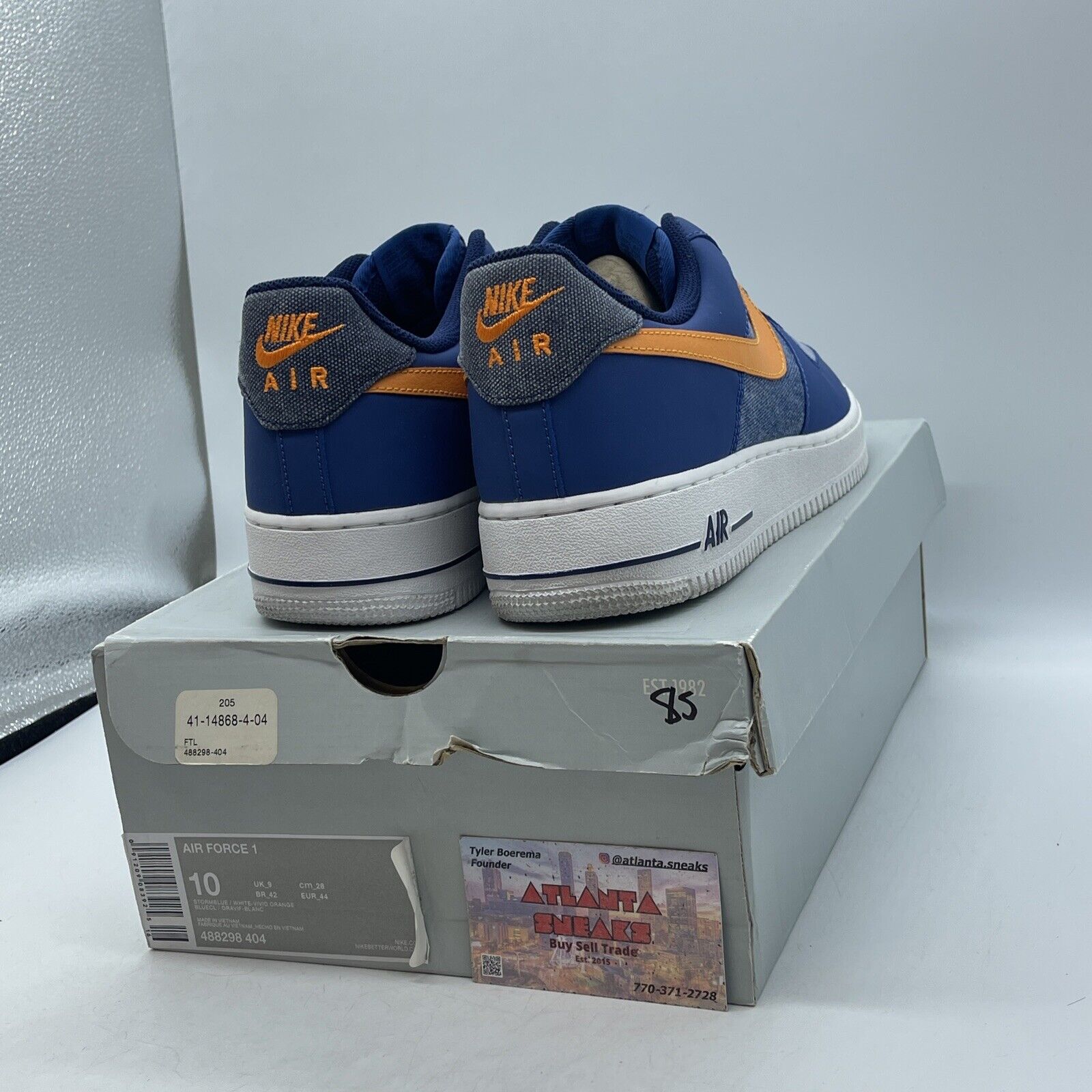 Size 10 - Nike Air Force 1 Low Storm Blue Denim Orange Suede Leather (488298-404