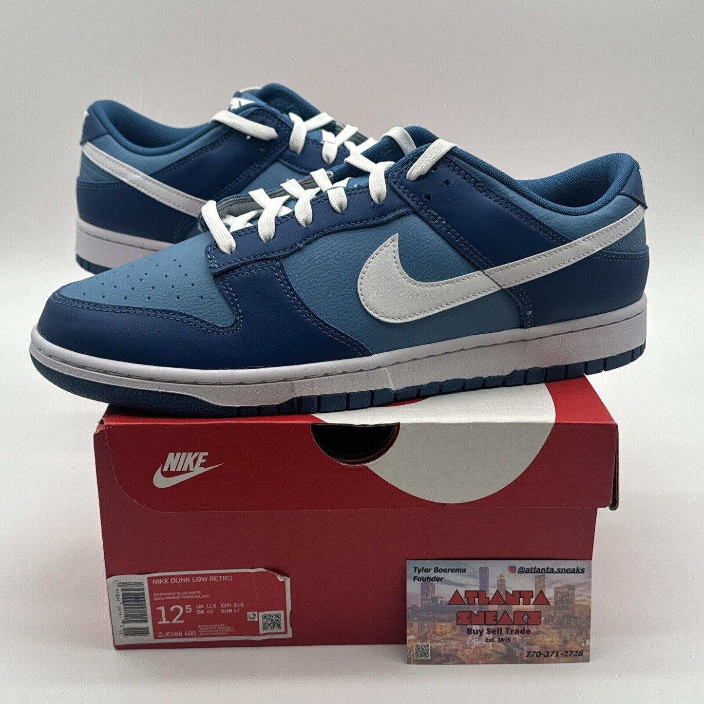 Size 12.5 - Nike Dunk Low Dark Marina Blue 2021 Navy Unc White Leather OG All Bo