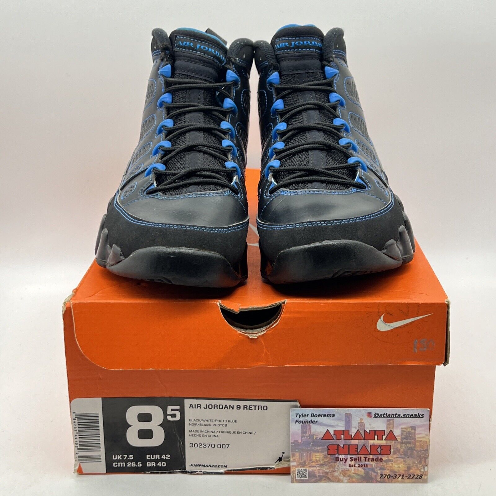 Size 8.5 - Jordan 9 Retro 2013 Photo Blue Black Bottom Leather (302370-007)