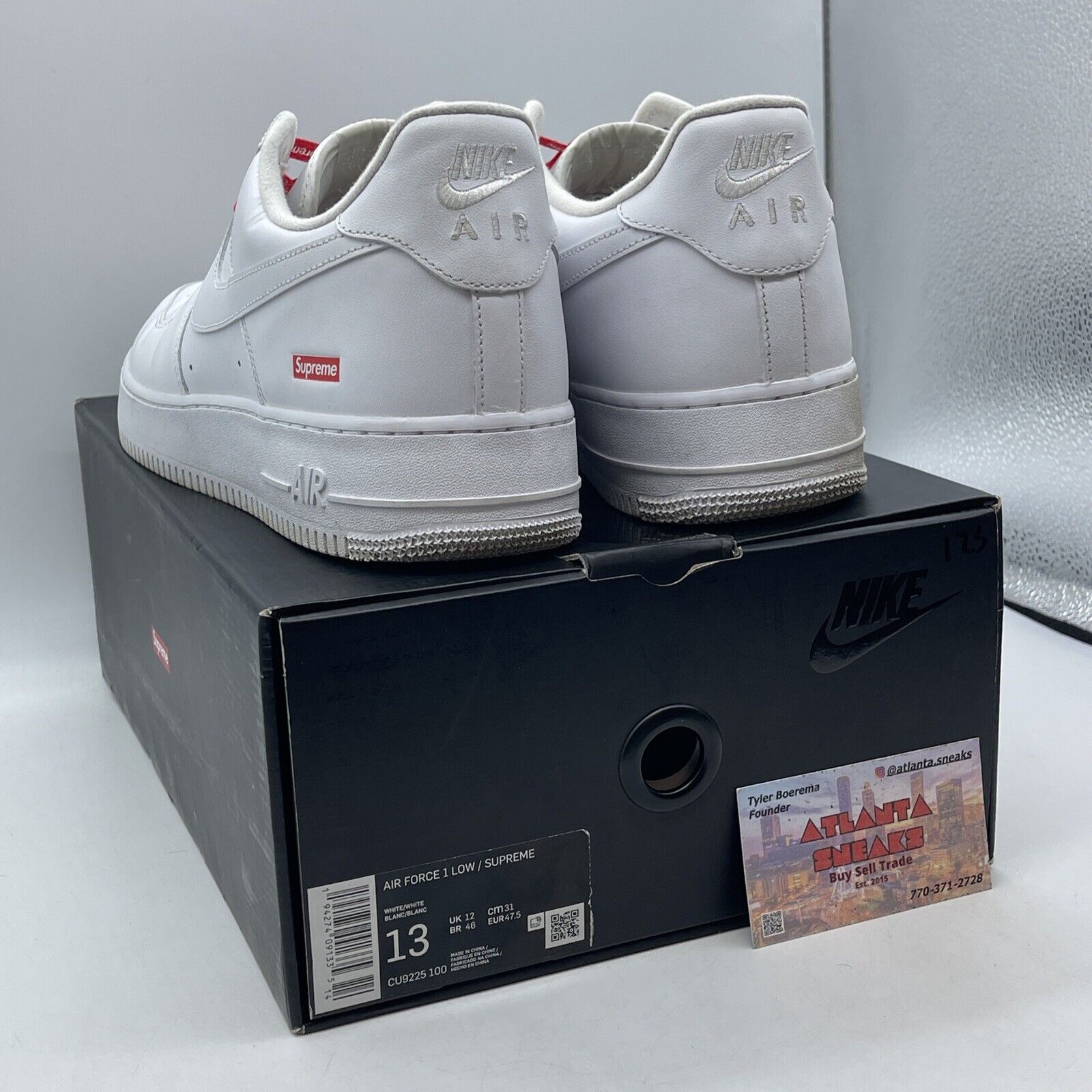 Size 13 - Nike Air Force 1 x Supreme Low Box Logo - White Leather (CU9225-100)