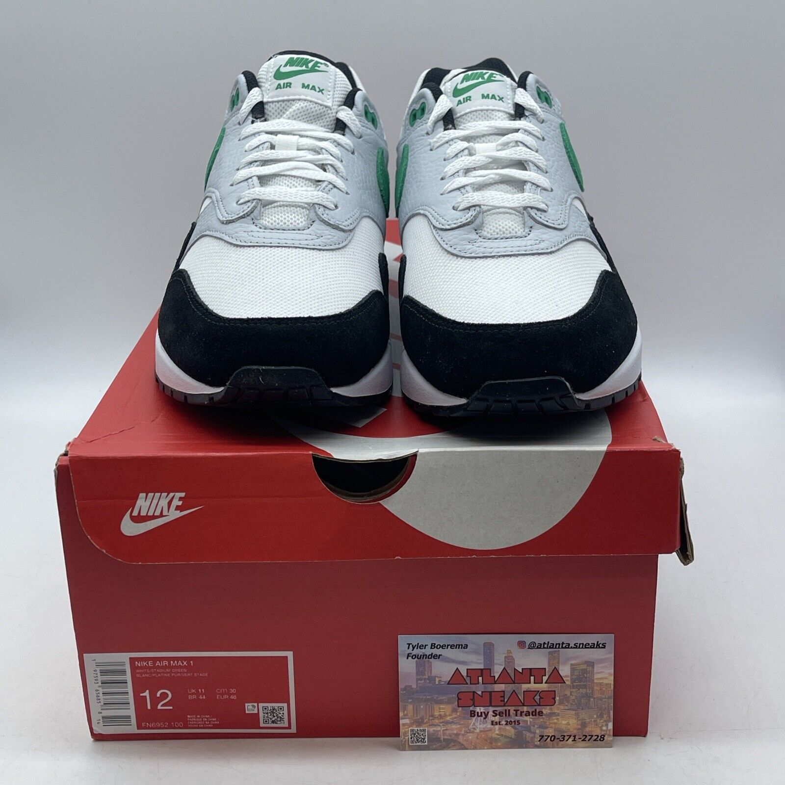 Size 12 - Nike Air Max 1 Low Stadium Green White Black Grey Suede (FN6952-100)