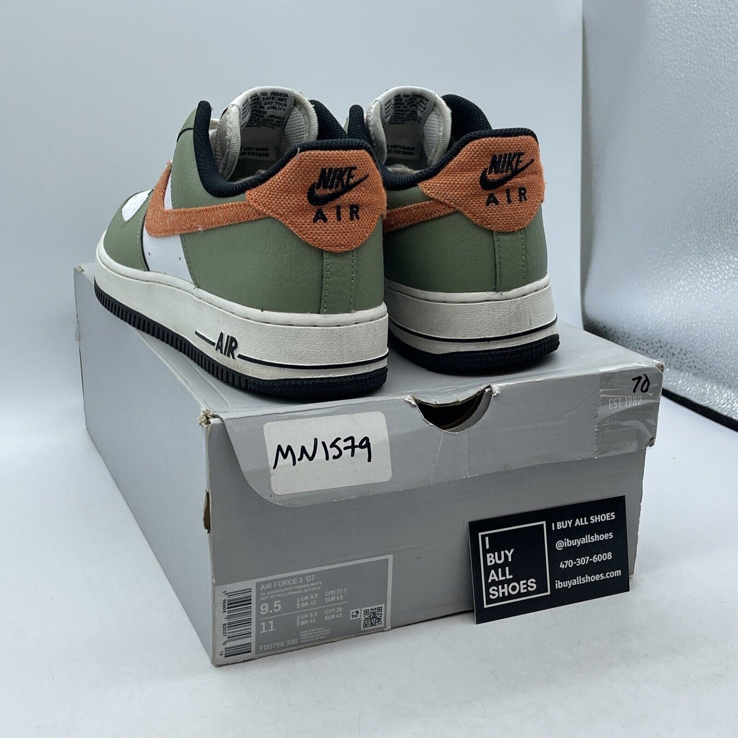 Size 9.5 - Nike Air Force 1 '07 Oil Green Orange Suede Leather (FD0758-386)