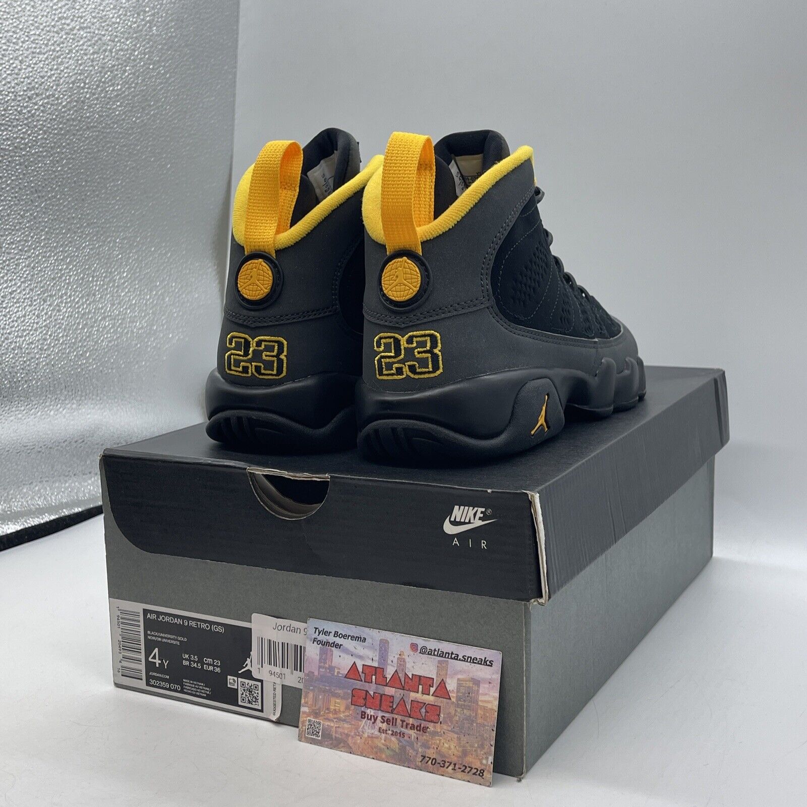 Size 4Y(GS) - Jordan 9 Retro Mid Dark Charcoal University Gold (302359-070)