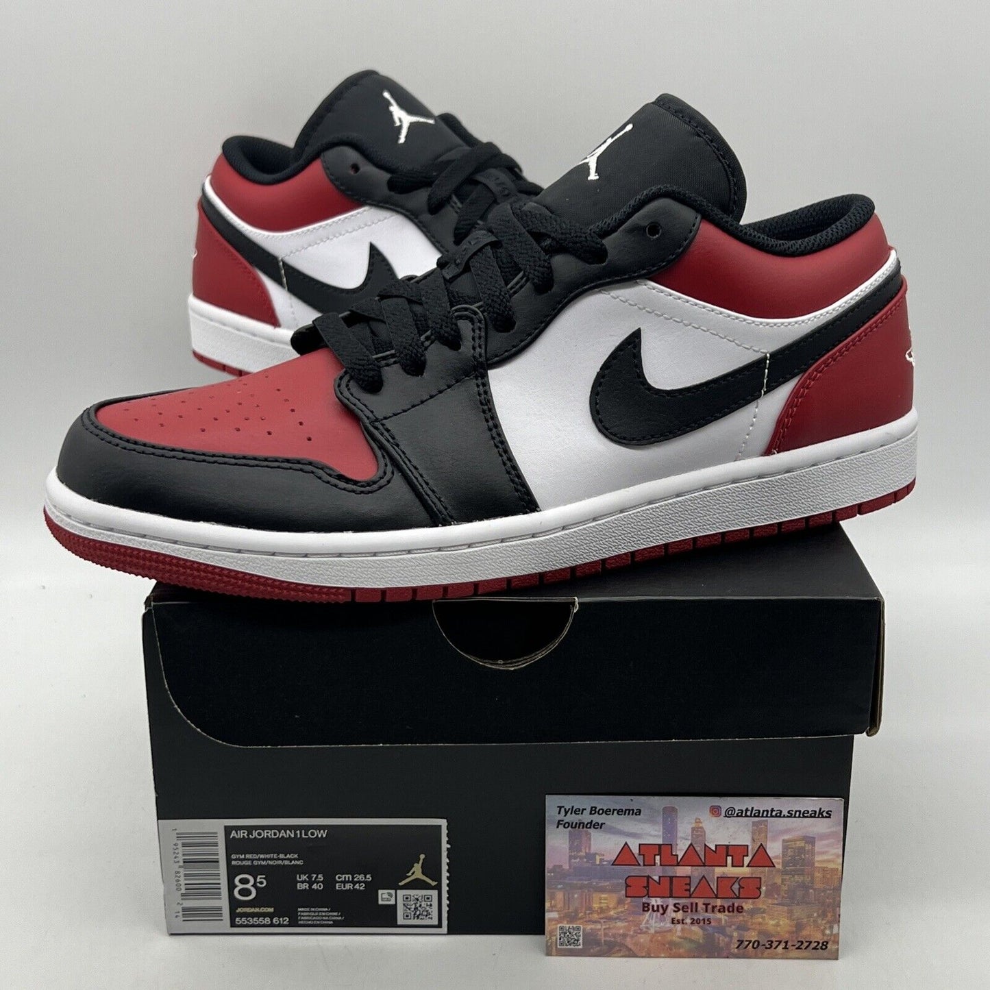 Size 8.5 - Jordan 1 Low Bred Toe Black White Red Leather (553558-612)