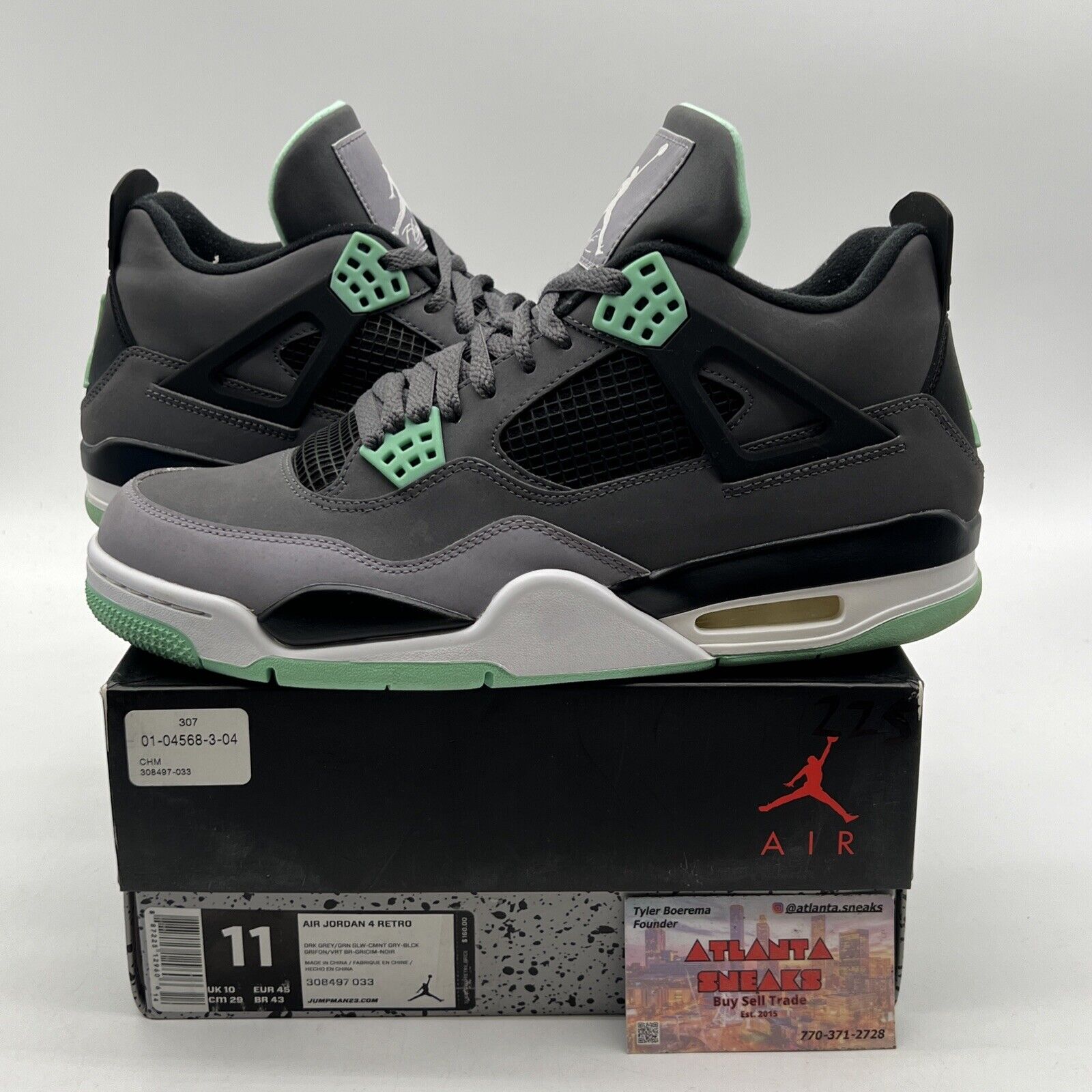 Size 11 - Jordan 4 Retro Green Glow 2013 Grey White Black Suede (308497-033)