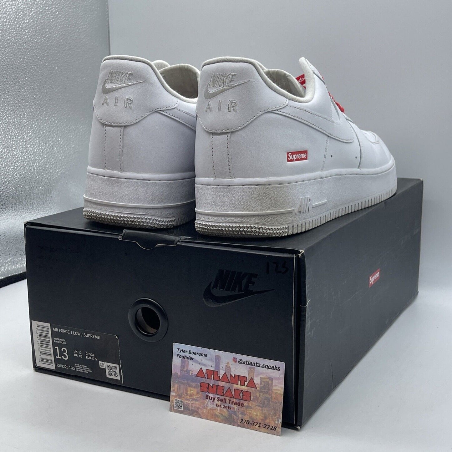 Size 13 - Nike Air Force 1 x Supreme Low Box Logo - White Leather (CU9225-100)