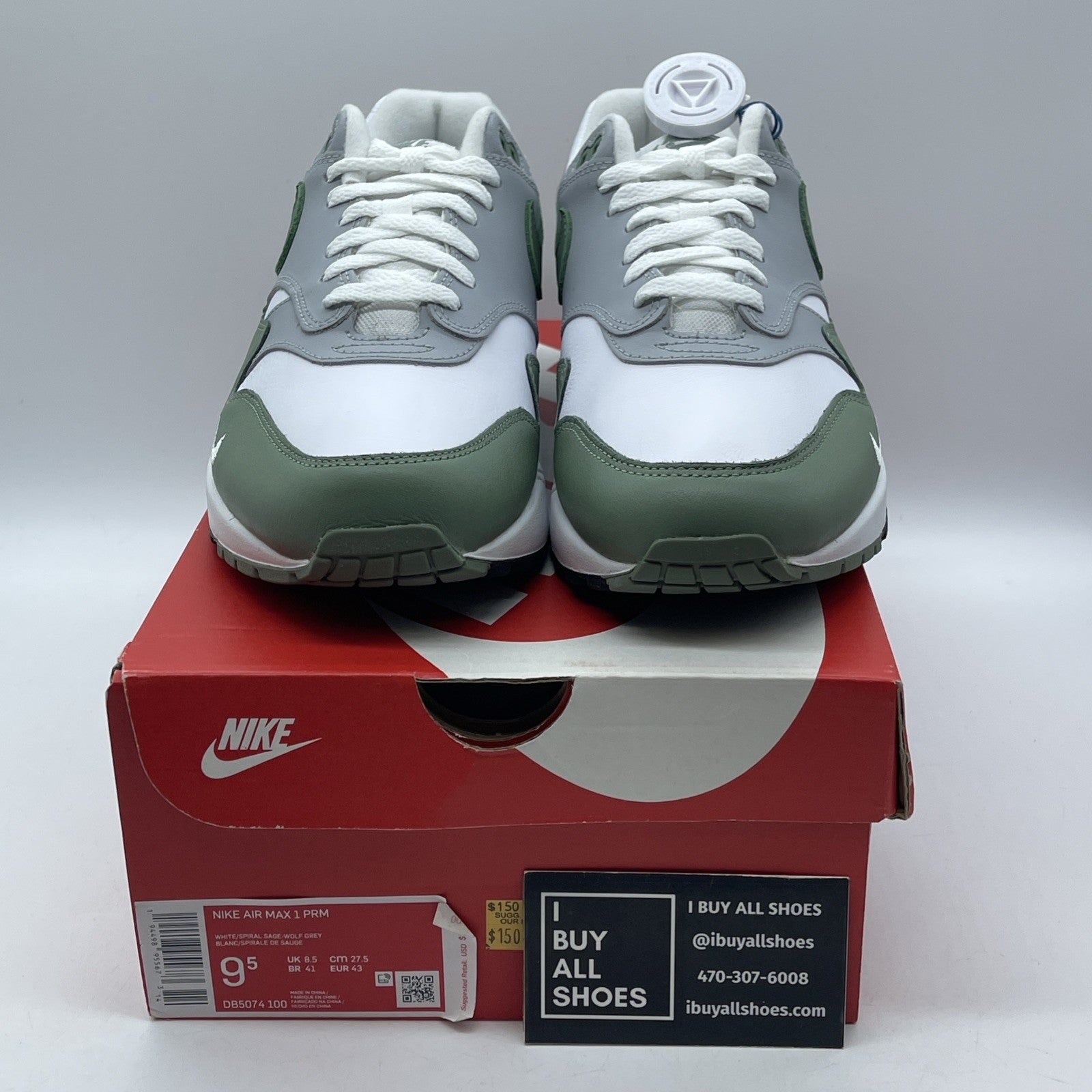 Size 9.5 - Nike Air Max 1 Grey Mint Grey White Leather (AH8145-015)