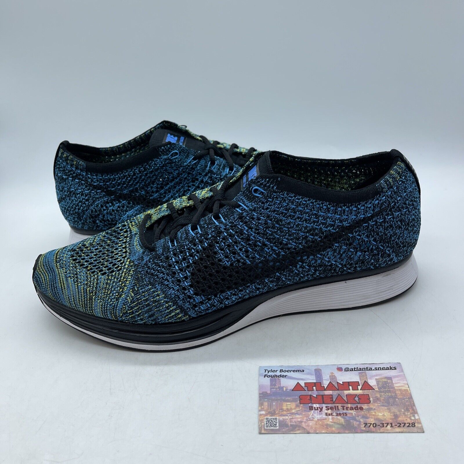 Size 11 - Nike Flyknit Racer Blue Glow Green Blue White Yellow (526628-405)