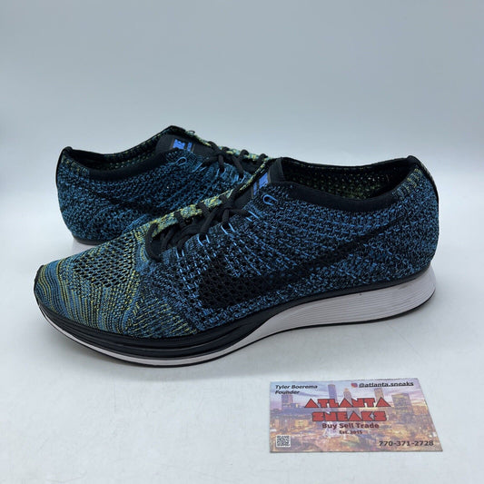 Size 11 - Nike Flyknit Racer Blue Glow Green Blue White Yellow (526628-405)