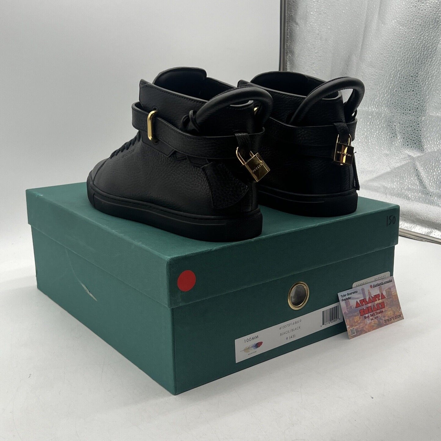 Size 9 - Buscemi 100MM Mid Top Sneakers Black Leather Gold Trainers