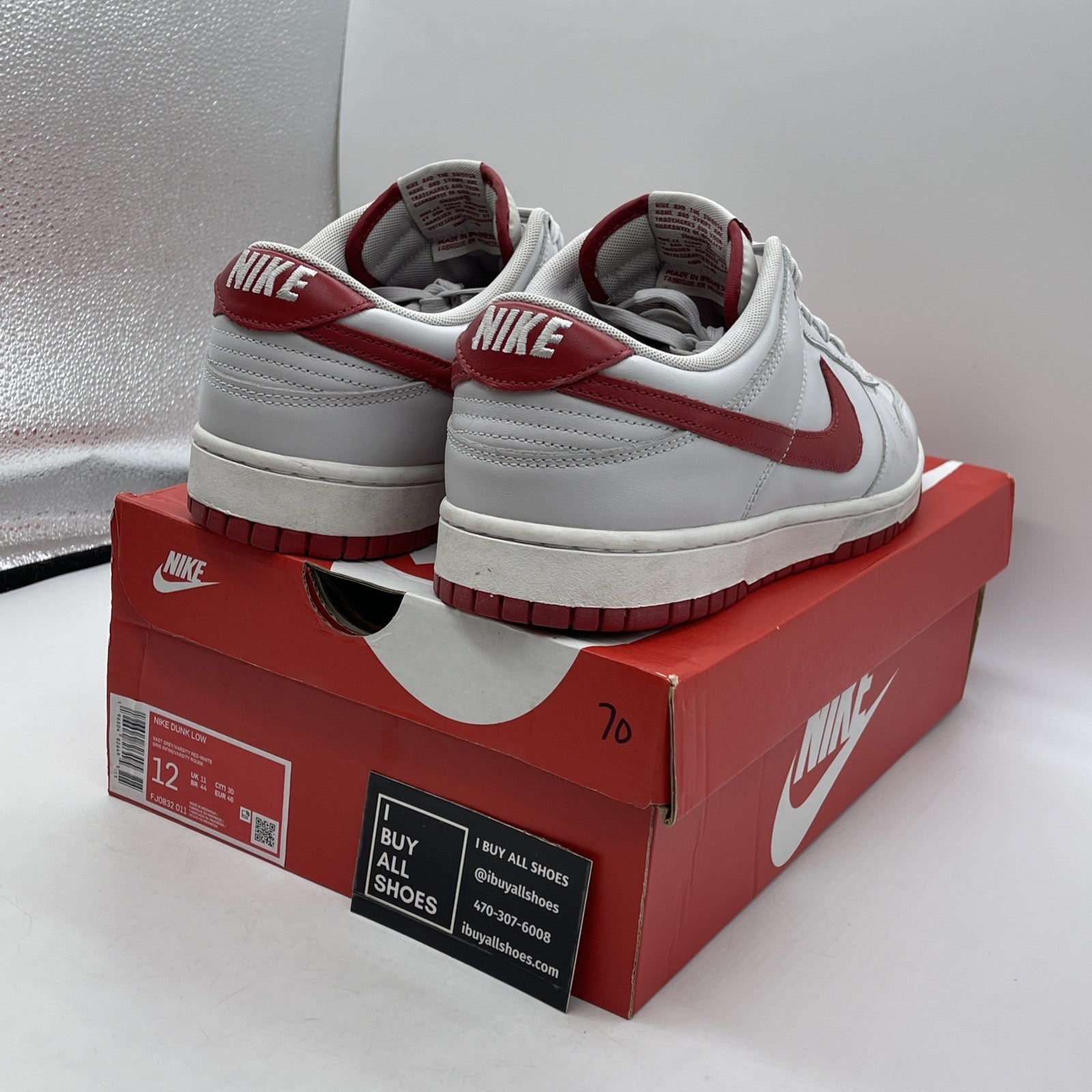 Size 12 - Dunk Low Vast Grey Varsity Red White Leather (FJ0832-011)